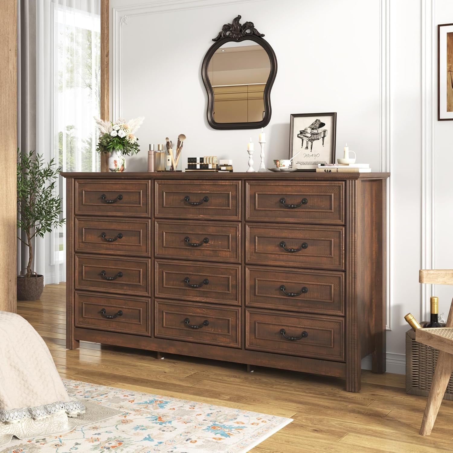 Farmhouse Dresser 63 Inch 12 Drawer Cabinet Wood Grain