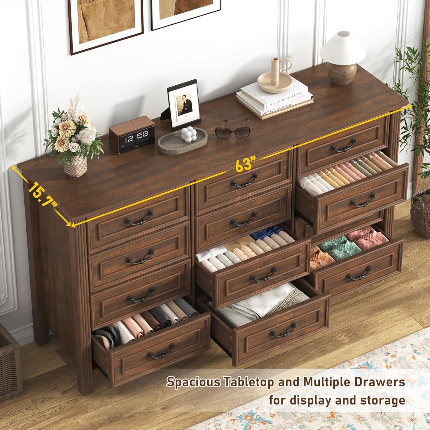 Farmhouse Dresser 63 Inch 12 Drawer Cabinet Wood Grain