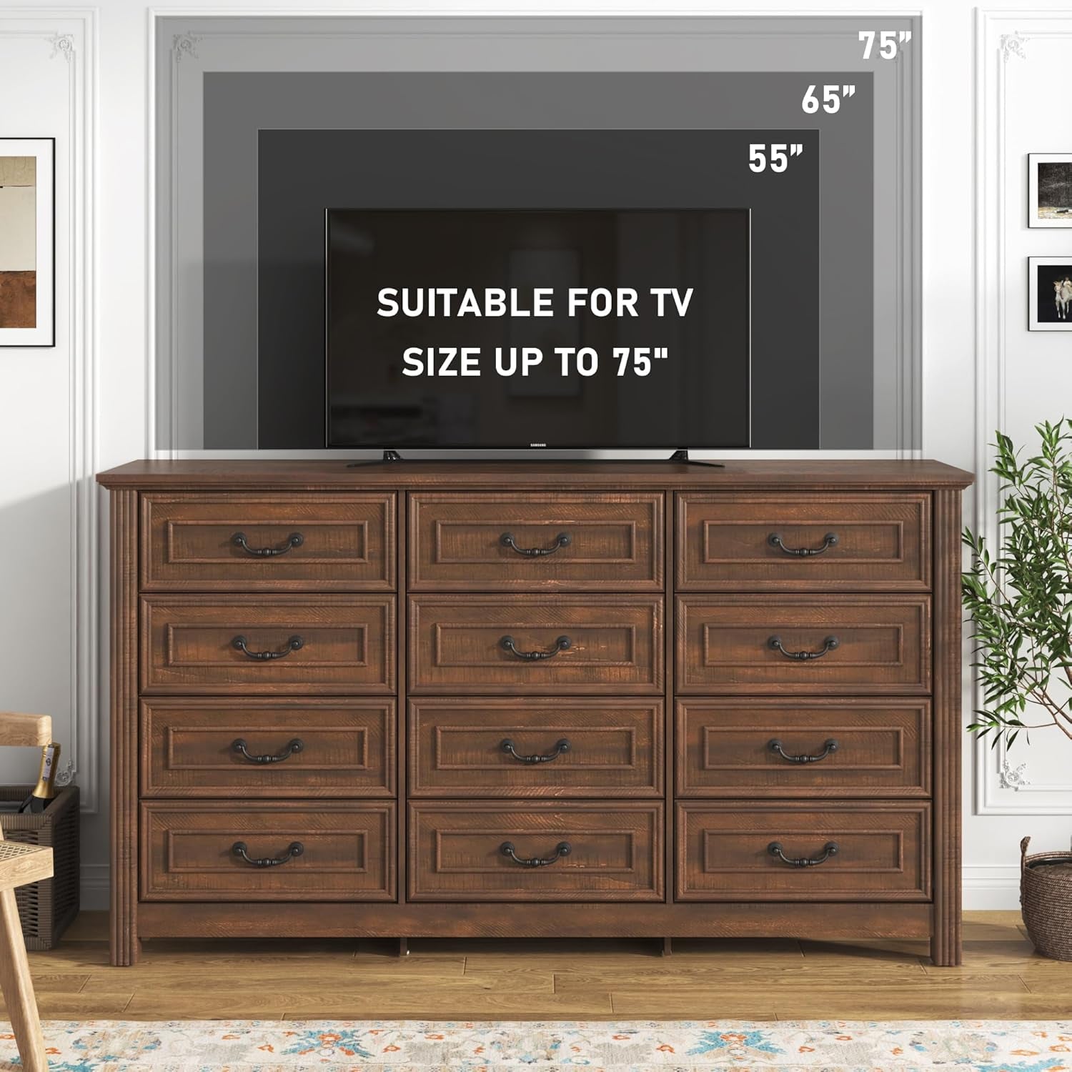 Farmhouse Dresser 63 Inch 12 Drawer Cabinet Wood Grain