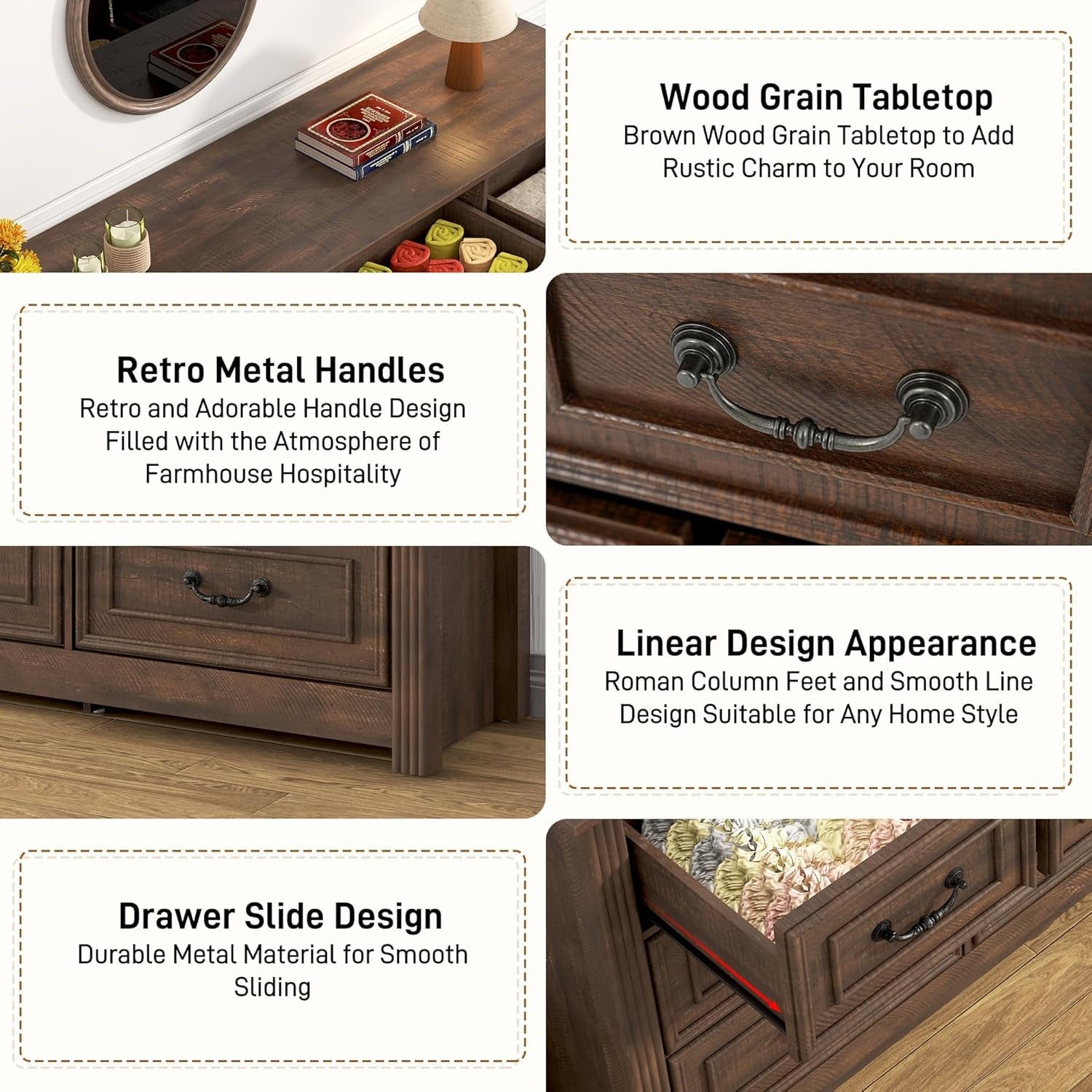Farmhouse Dresser 63 Inch 12 Drawer Cabinet Wood Grain