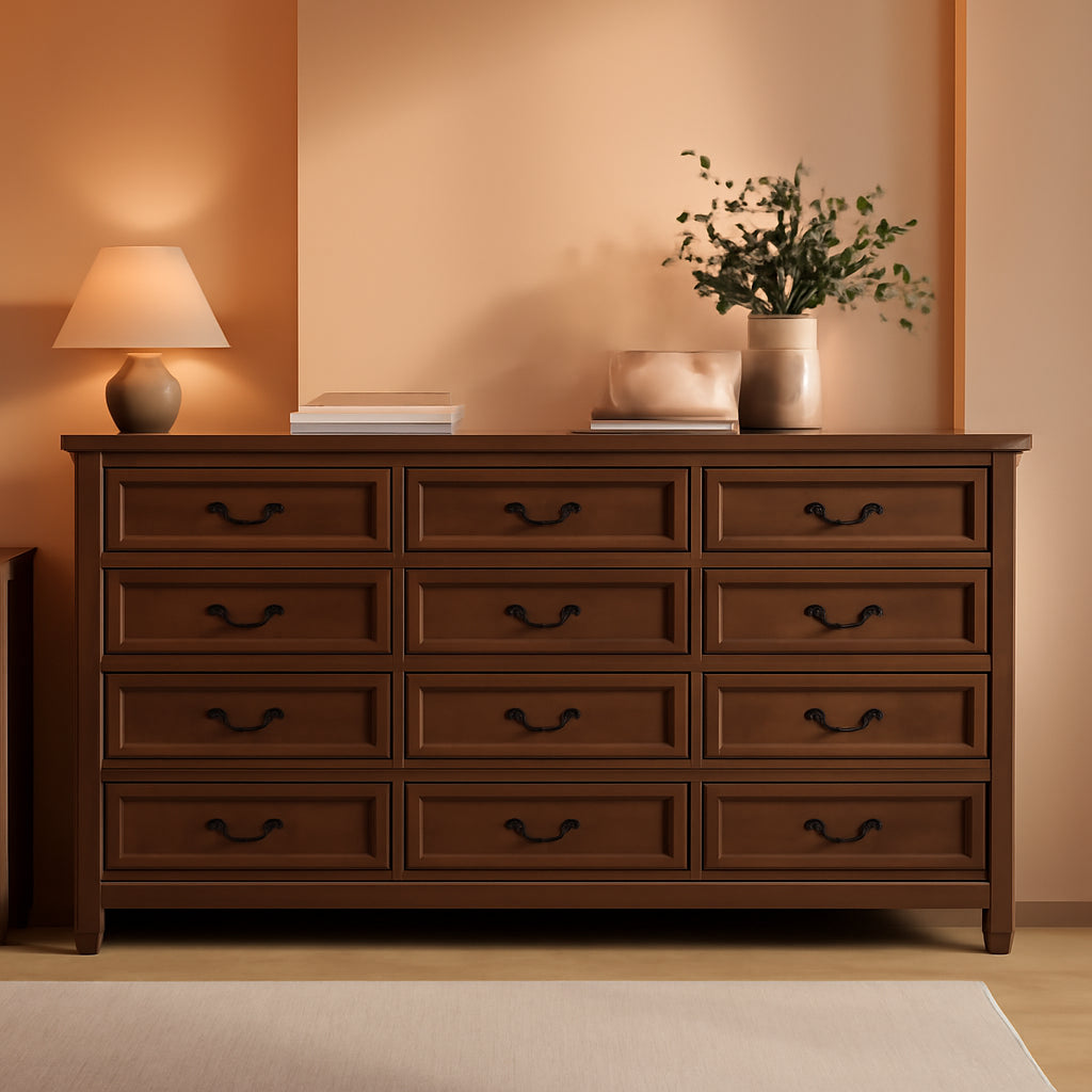 Farmhouse Dresser 63 Inch 12 Drawer Cabinet Wood Grain