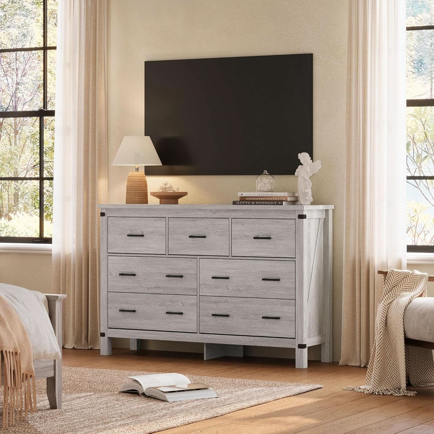 Farmhouse Dresser Grey With Seven Deep Drawers Wooden Top