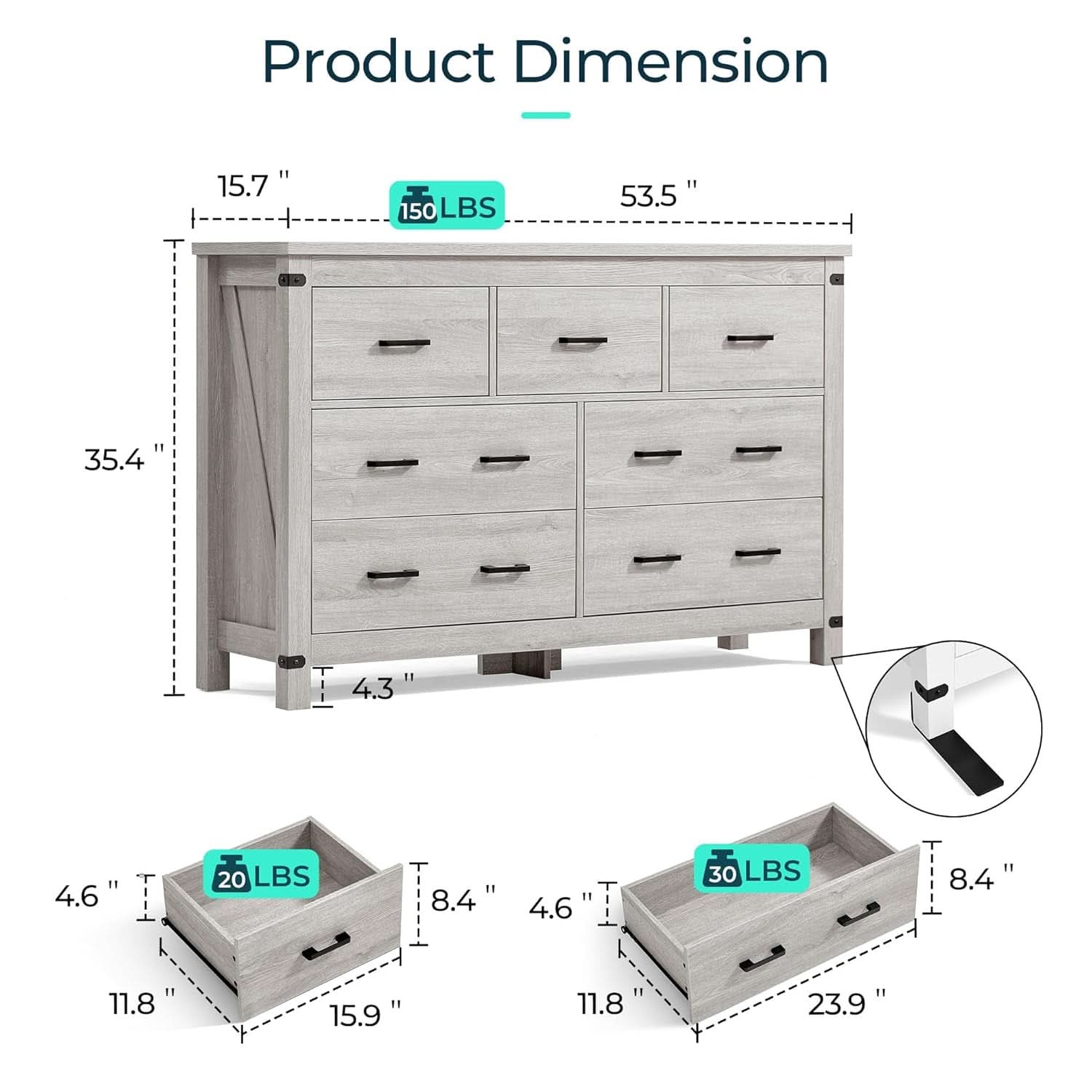Farmhouse Dresser Grey With Seven Deep Drawers Wooden Top