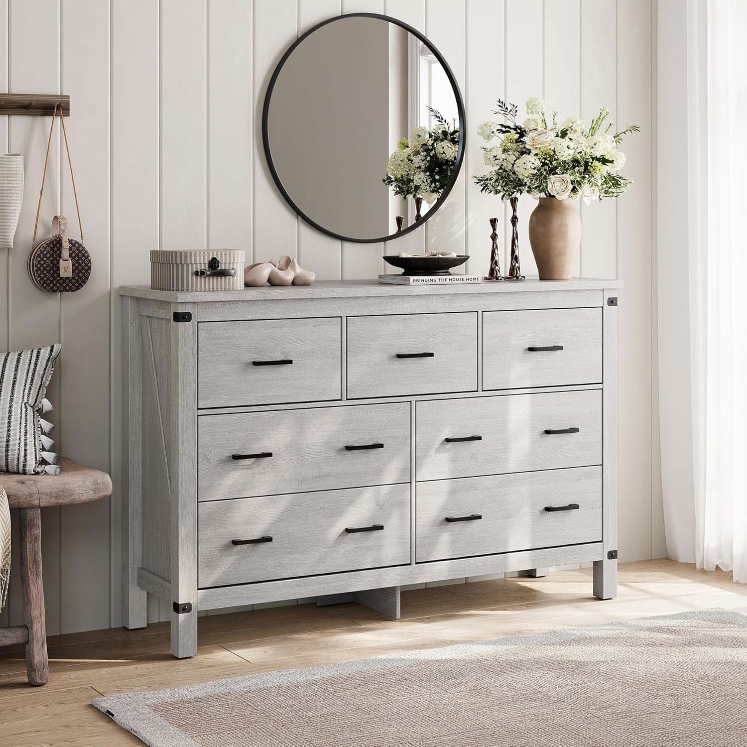 Farmhouse Dresser Grey With Seven Deep Drawers Wooden Top