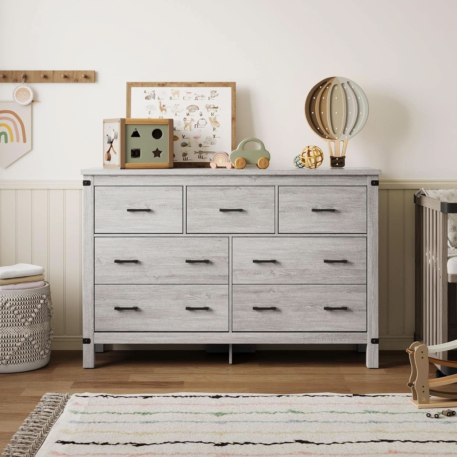Farmhouse Dresser Grey With Seven Deep Drawers Wooden Top