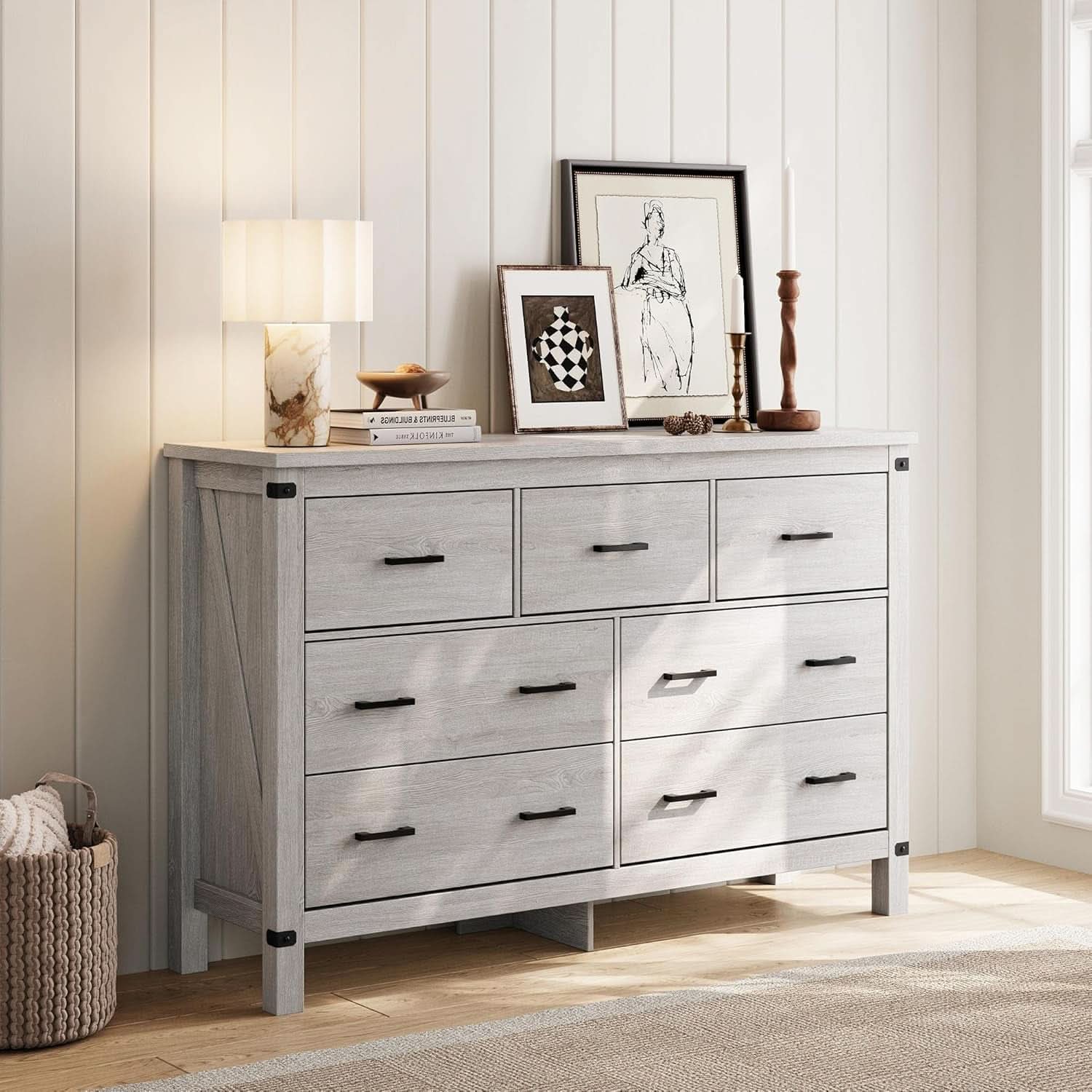 Farmhouse Dresser Grey With Seven Deep Drawers Wooden Top