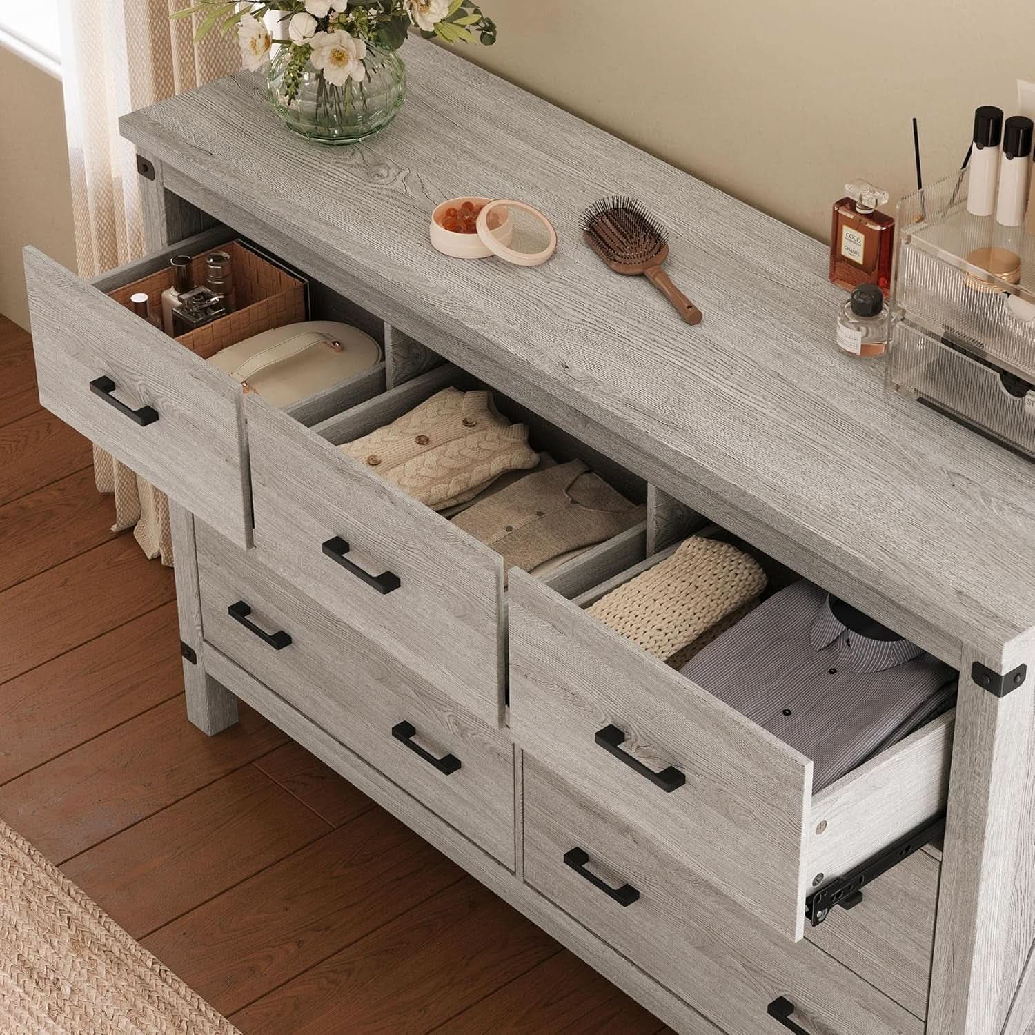 Farmhouse Dresser Grey With Seven Deep Drawers Wooden Top