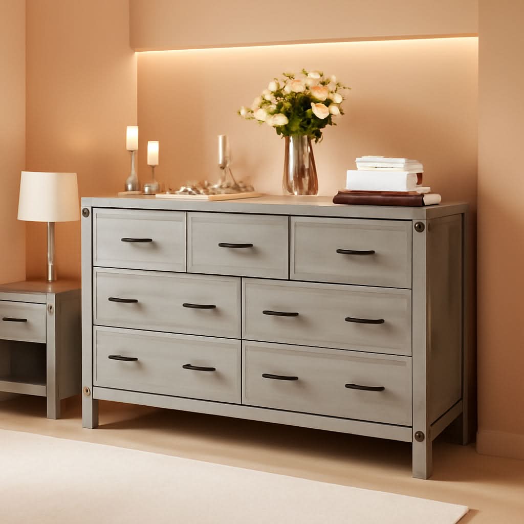 Farmhouse Dresser Grey With Seven Deep Drawers Wooden Top