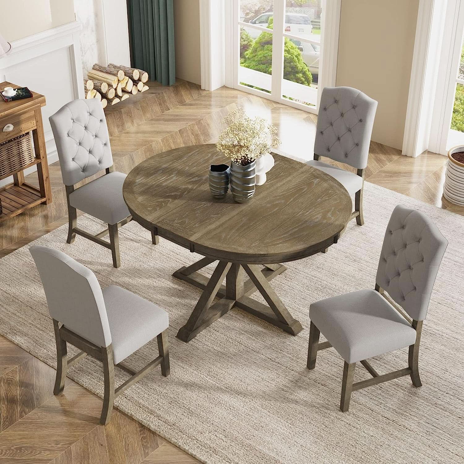 Farmhouse Extendable Dining Table Set Upholstered Chairs