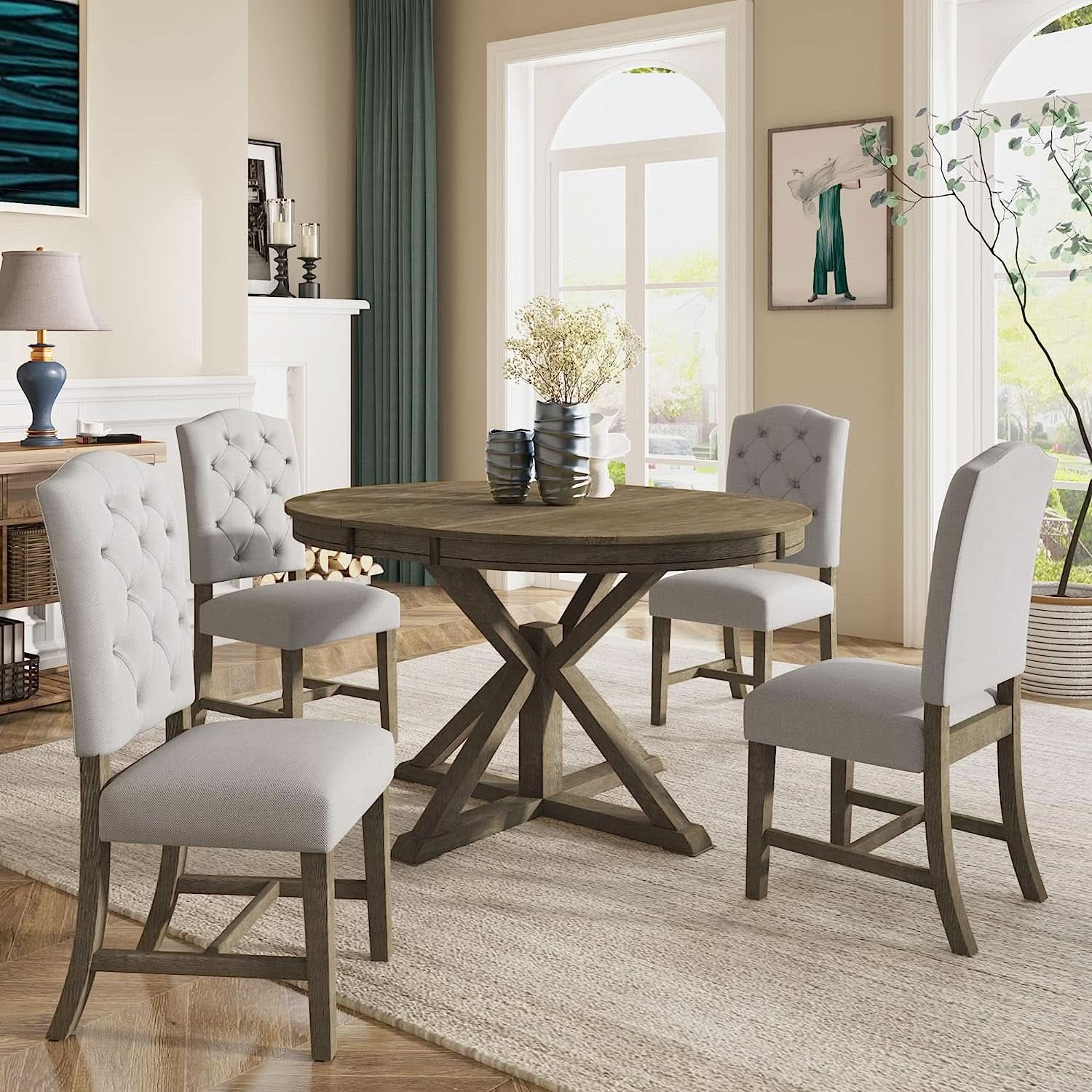 Farmhouse Extendable Dining Table Set Upholstered Chairs