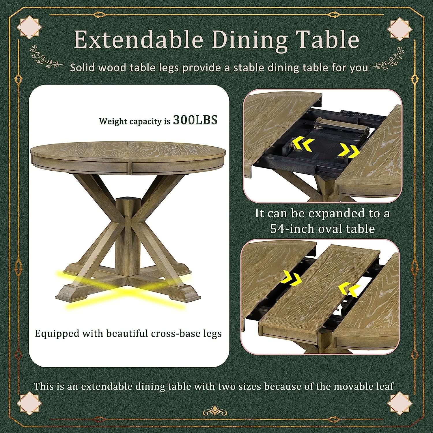Farmhouse Extendable Dining Table Set Upholstered Chairs