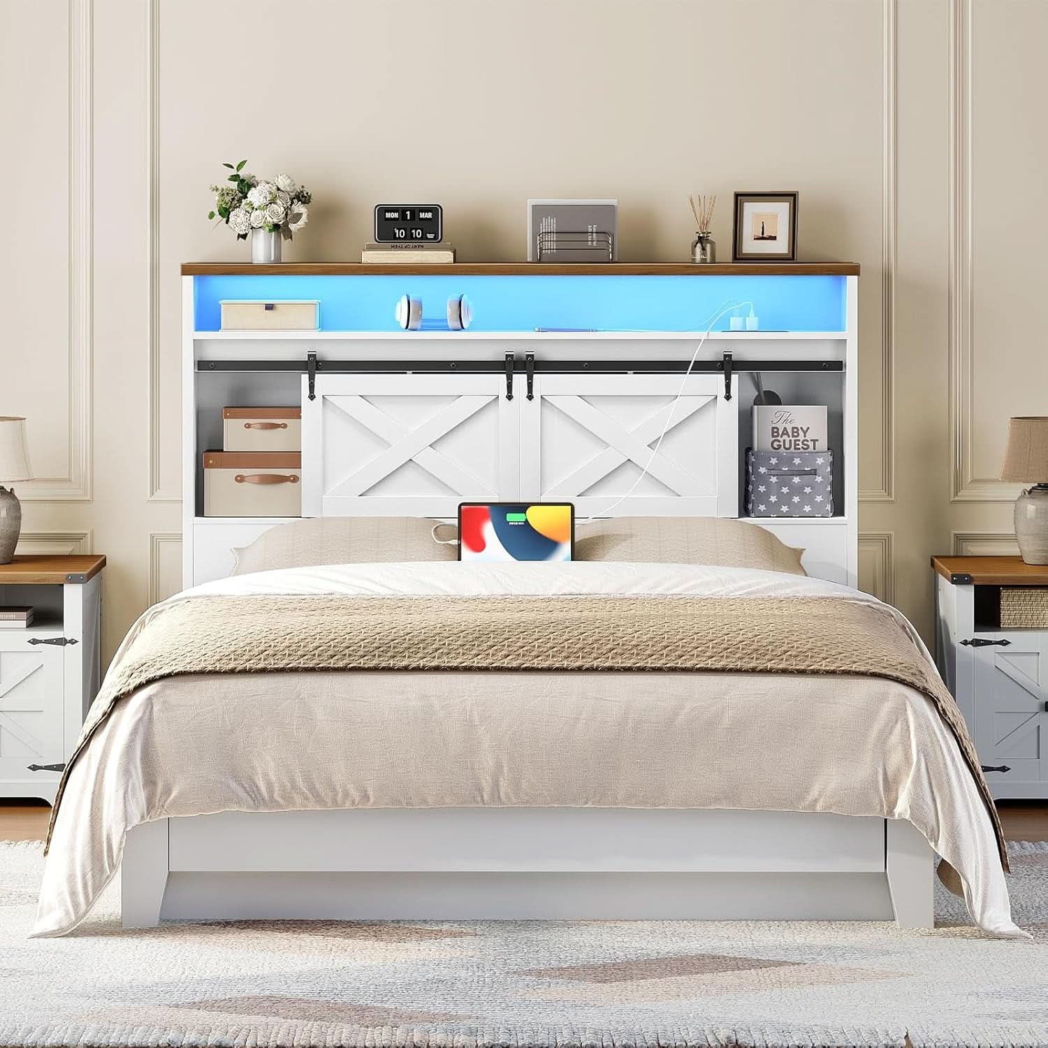 Farmhouse Queen Headboard with Storage and Charging Station