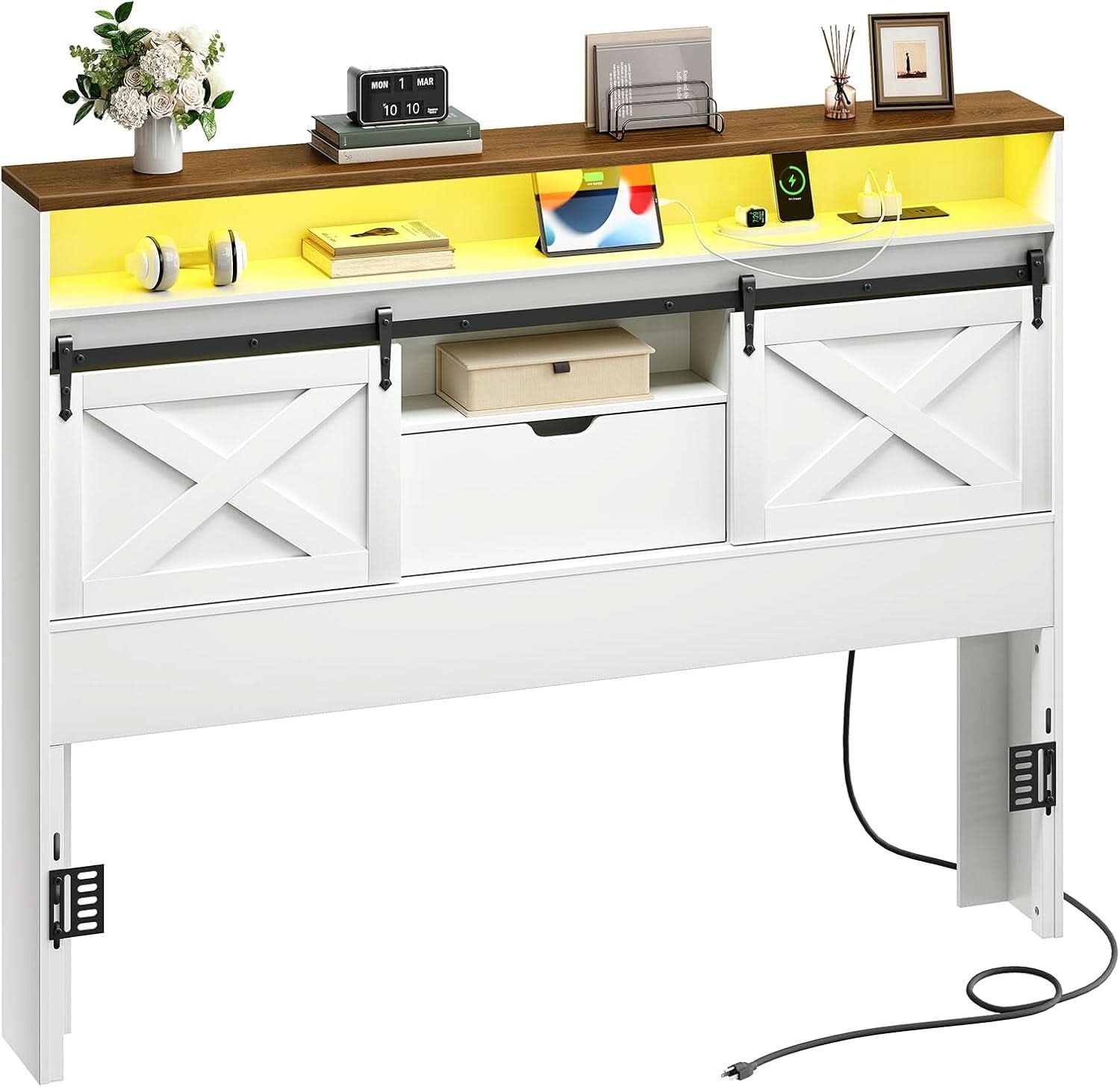 Farmhouse Queen Headboard with Storage and Charging Station