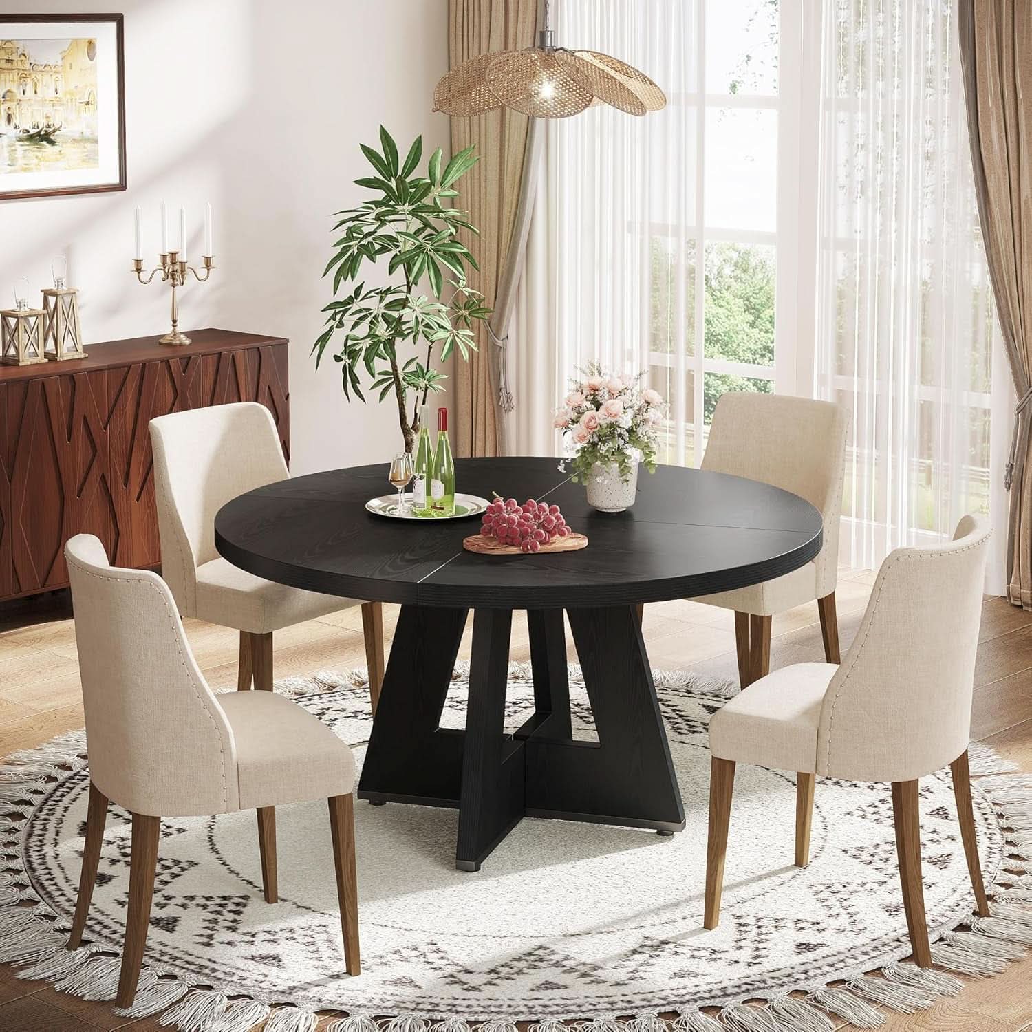 Farmhouse Round Dining Table 47 Inch Black For Four