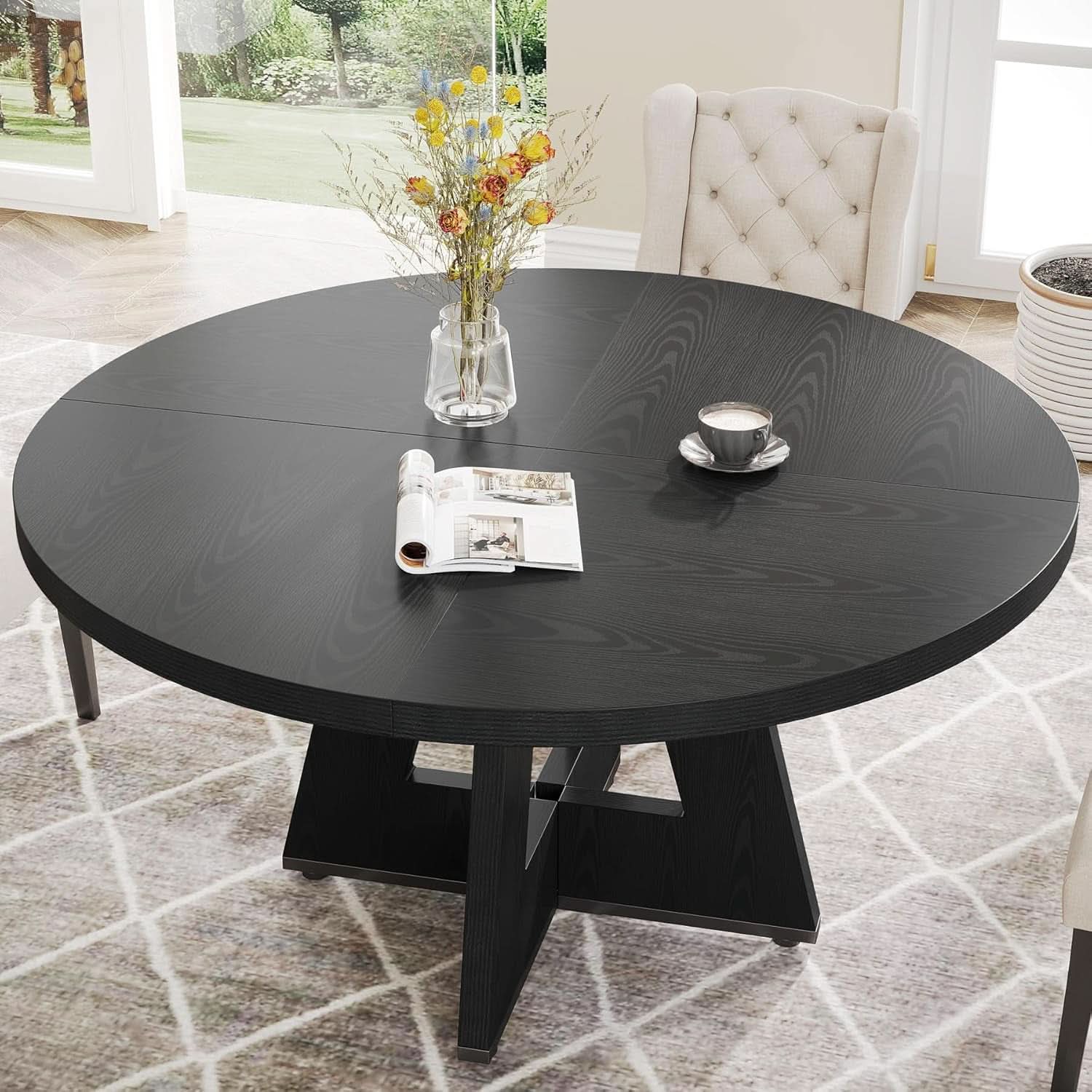 Farmhouse Round Dining Table 47 Inch Black For Four