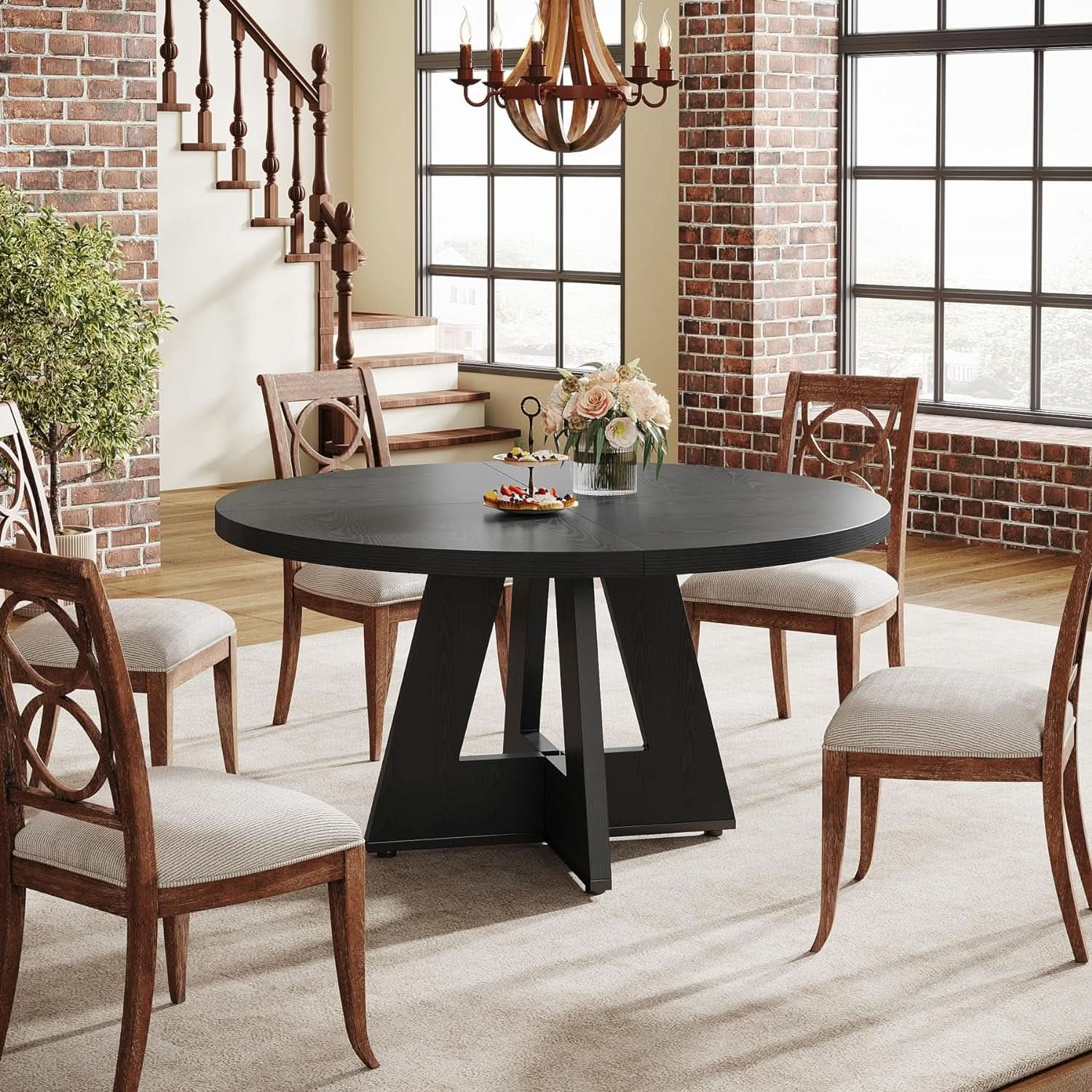 Farmhouse Round Dining Table 47 Inch Black For Four