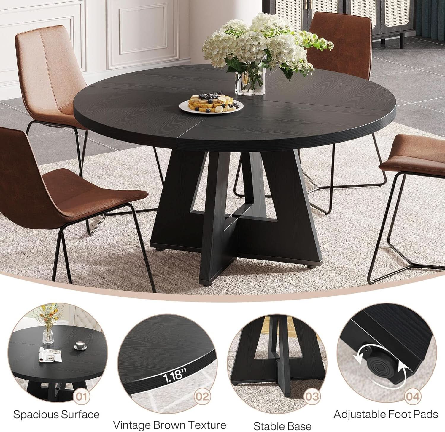 Farmhouse Round Dining Table 47 Inch Black For Four