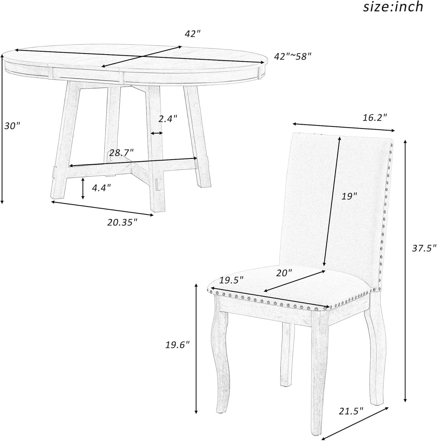 Farmhouse Round Extendable Dining Table Set Oak Finish with Upholstered Chairs