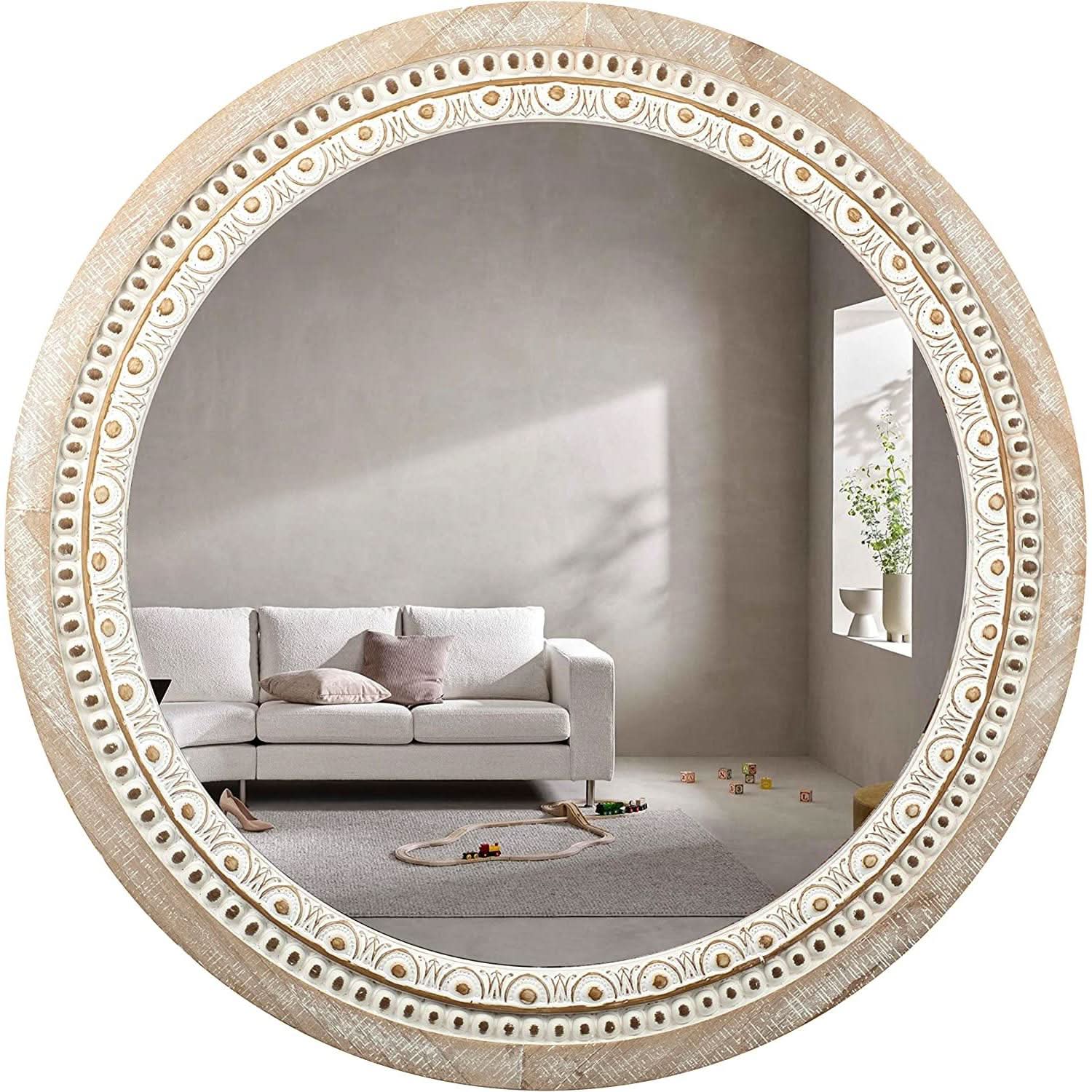 Farmhouse Rustic 30 Inch Wooden Round Mirror Wall Decor