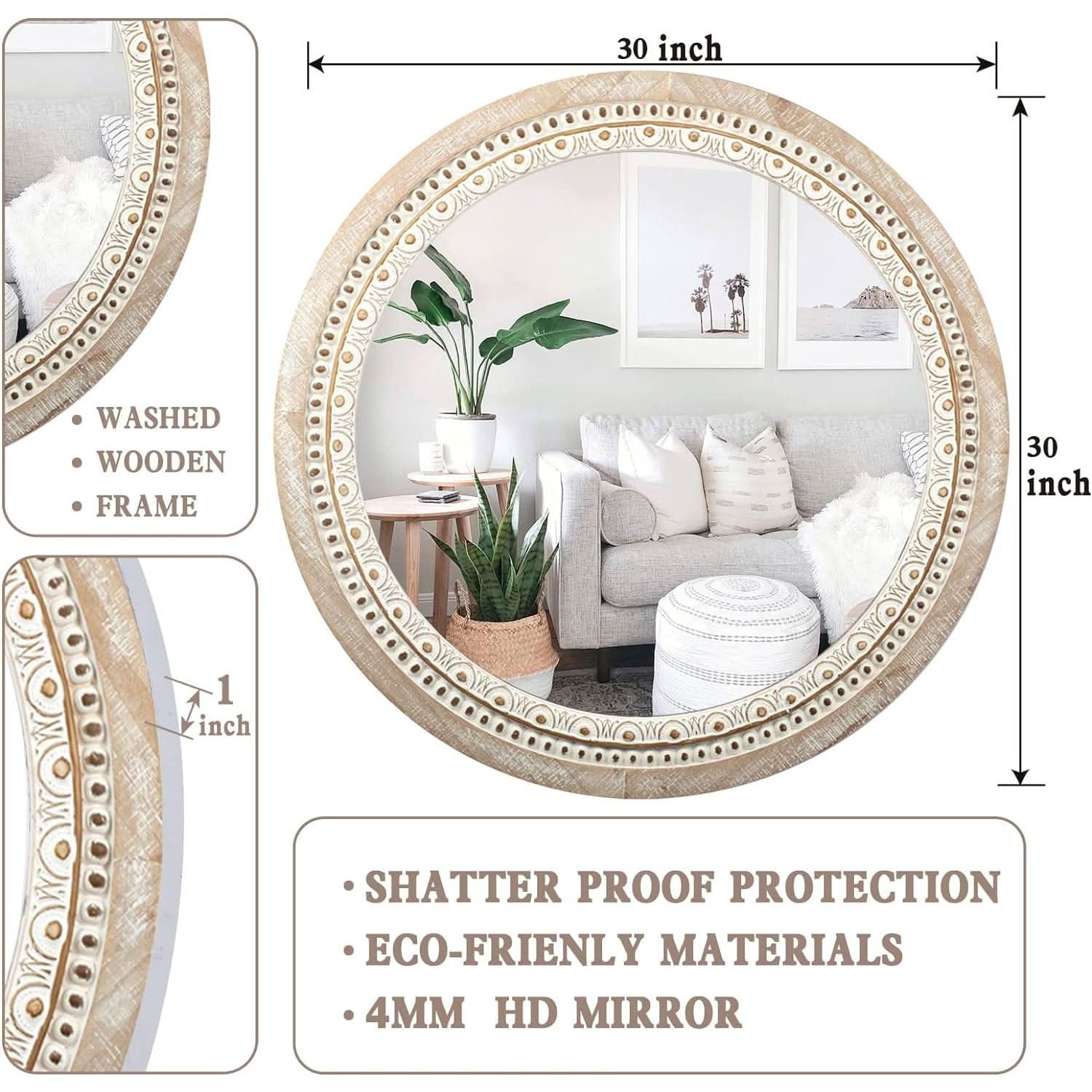 Farmhouse Rustic 30 Inch Wooden Round Mirror Wall Decor