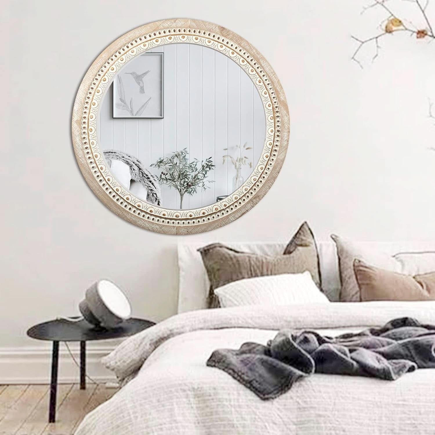 Farmhouse Rustic 30 Inch Wooden Round Mirror Wall Decor