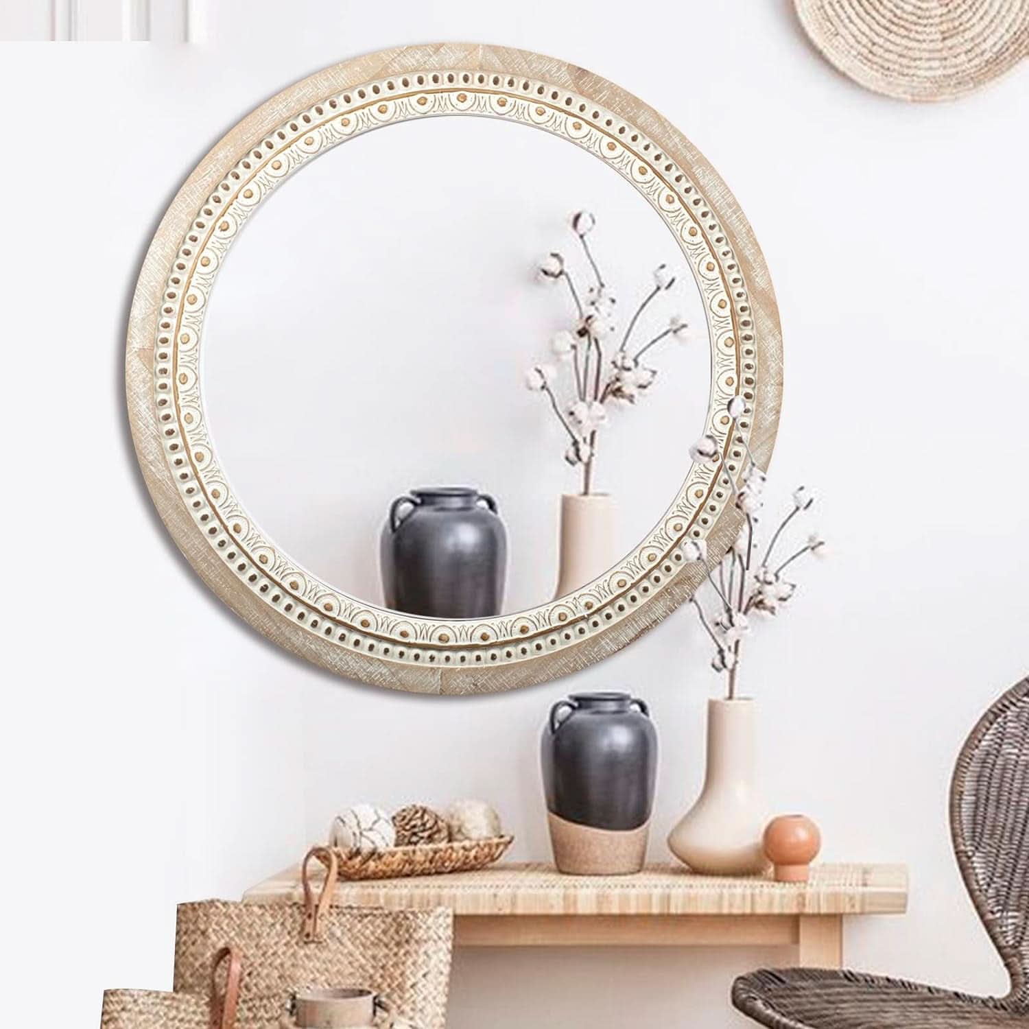 Farmhouse Rustic 30 Inch Wooden Round Mirror Wall Decor