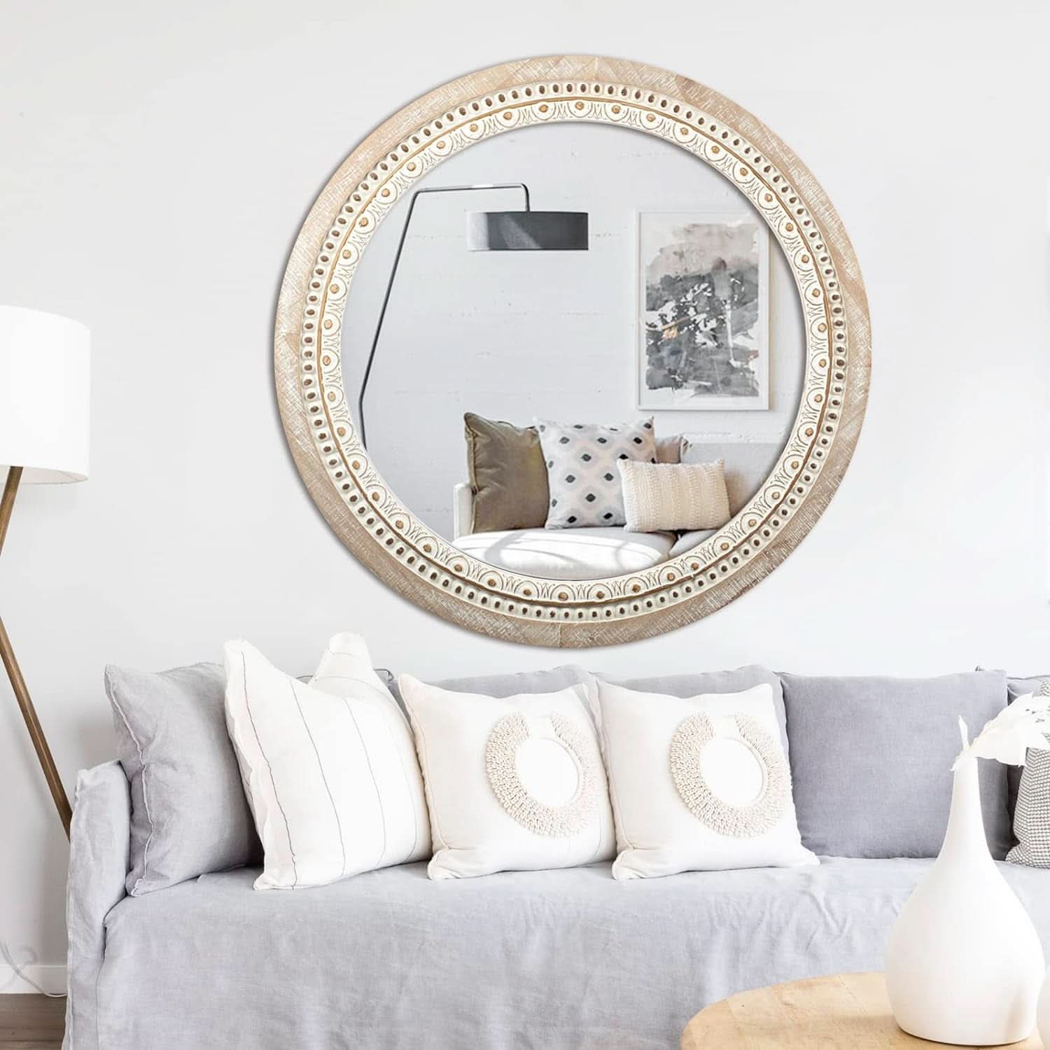 Farmhouse Rustic 30 Inch Wooden Round Mirror Wall Decor