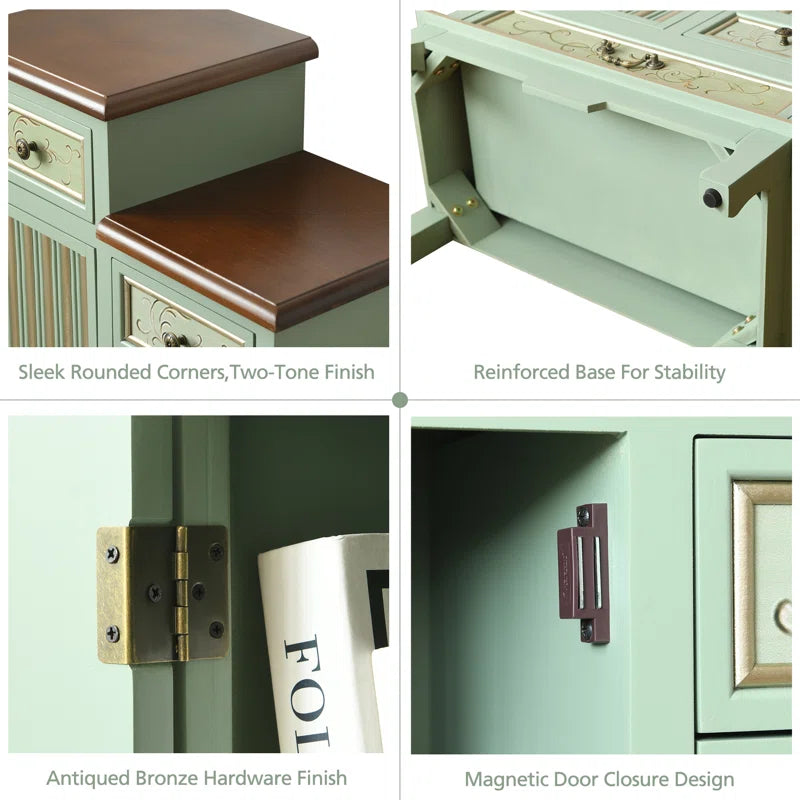 Farmhouse Sage Green Cabinet With Door And Five Drawers