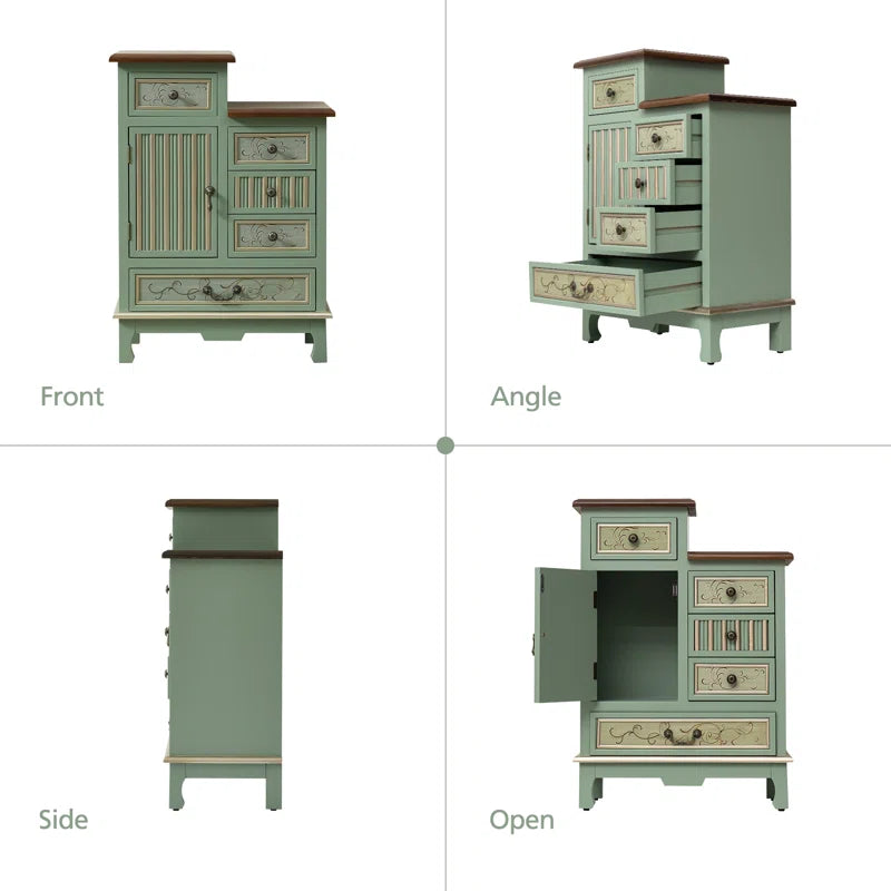 Farmhouse Sage Green Cabinet With Door And Five Drawers