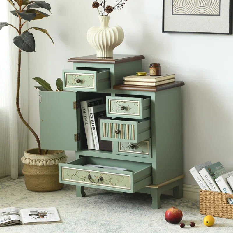 Farmhouse Sage Green Cabinet With Door And Five Drawers