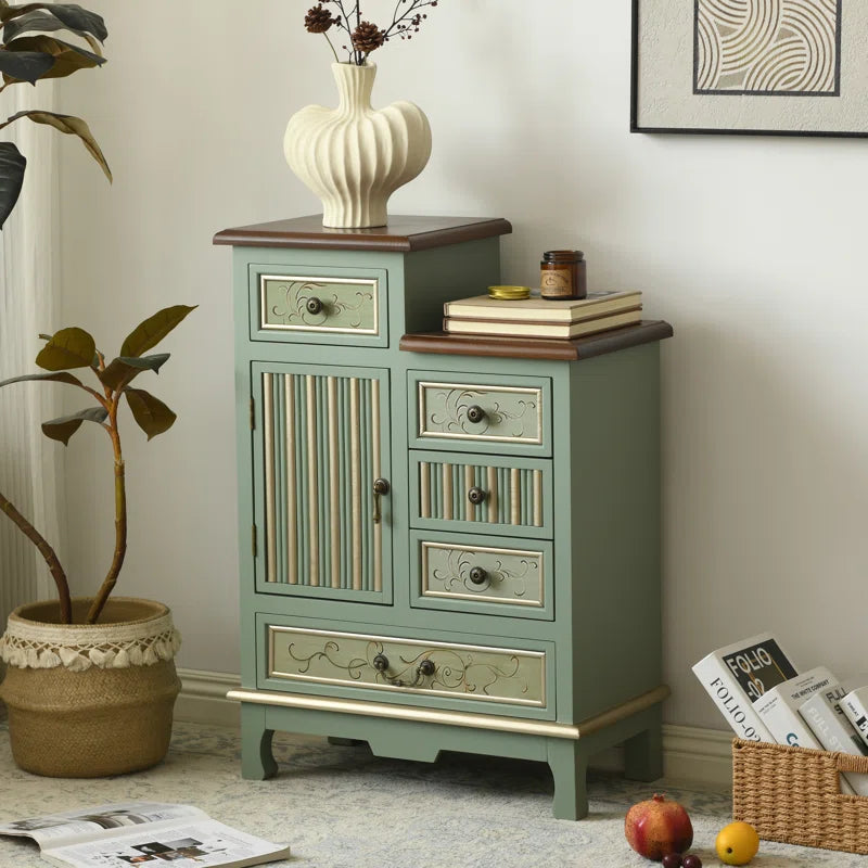 Farmhouse Sage Green Cabinet With Door And Five Drawers