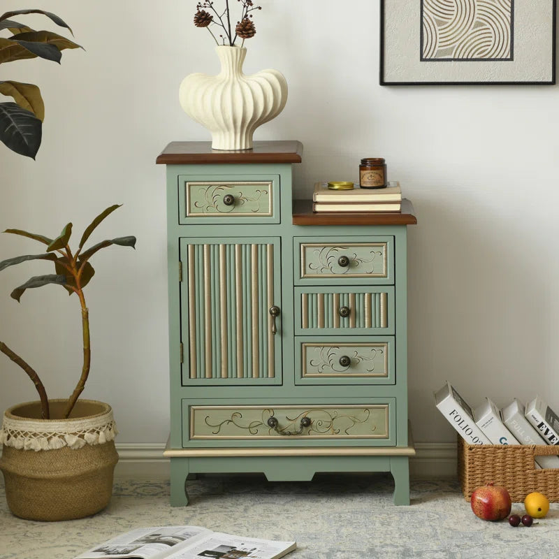 Farmhouse Sage Green Cabinet With Door And Five Drawers
