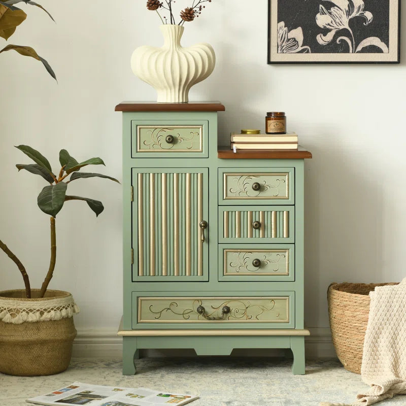 Farmhouse Sage Green Cabinet With Door And Five Drawers