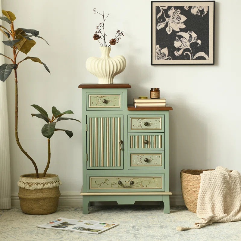 Farmhouse Sage Green Cabinet With Door And Five Drawers