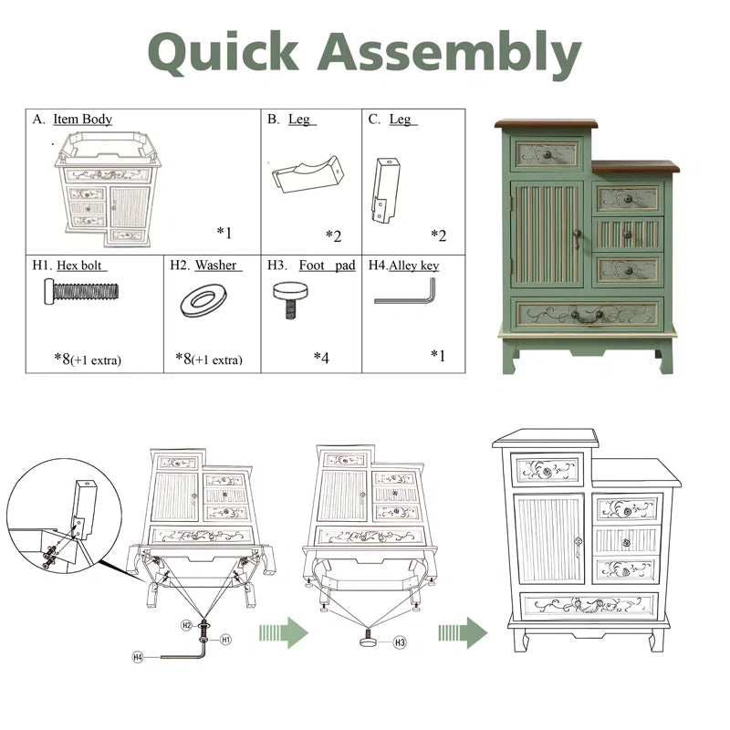 Farmhouse Sage Green Cabinet With Door And Five Drawers