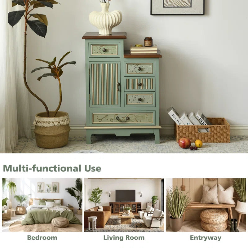 Farmhouse Sage Green Cabinet With Door And Five Drawers
