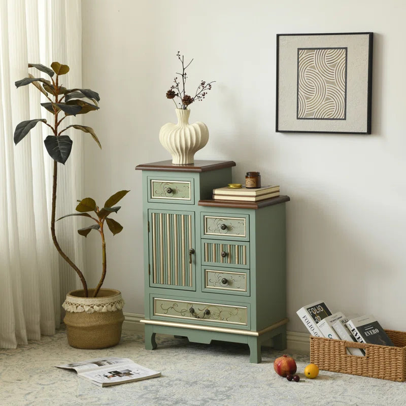 Farmhouse Sage Green Cabinet With Door And Five Drawers