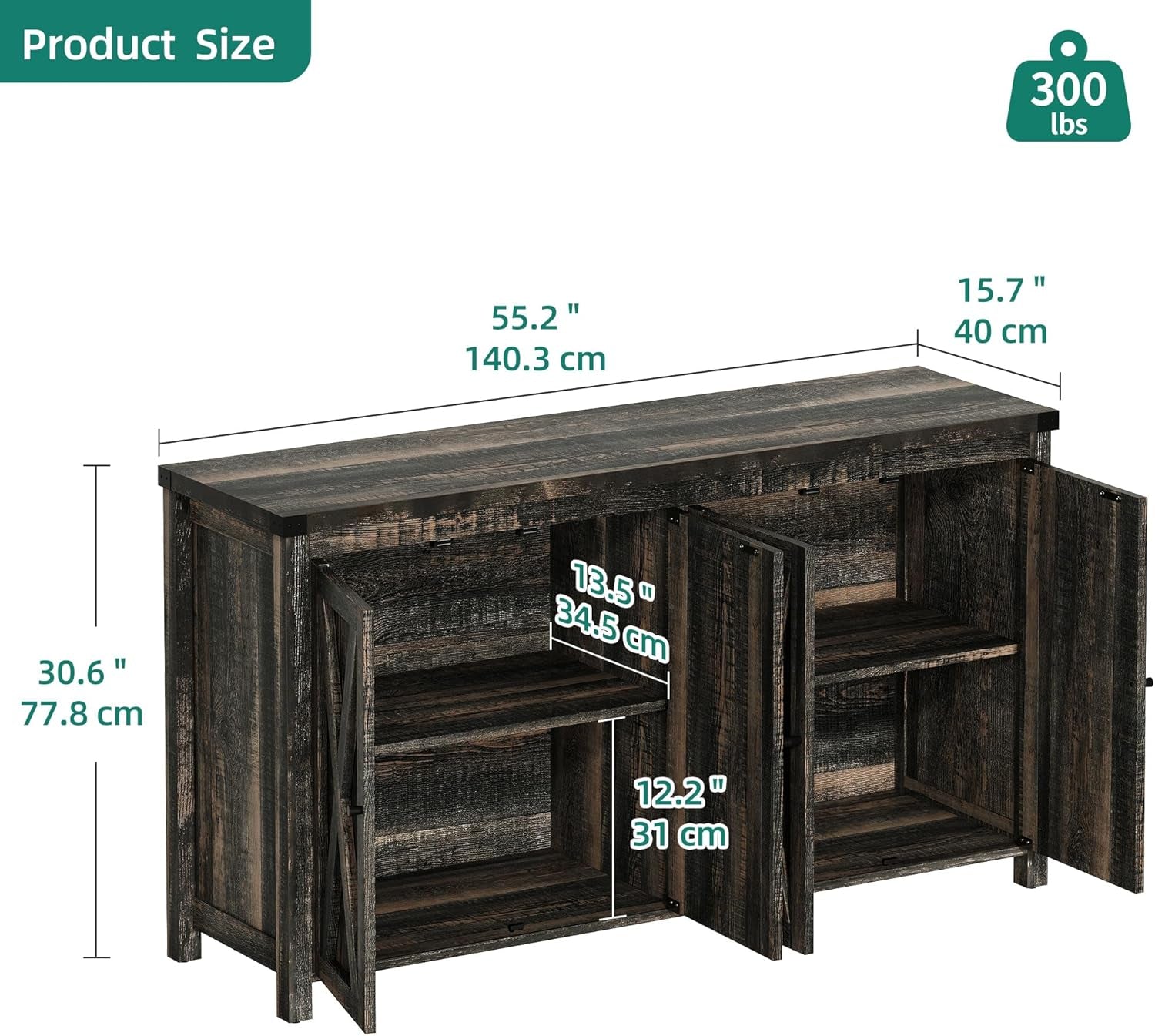 Farmhouse Sideboard Buffet Cabinet 55 Inch Dark Oak