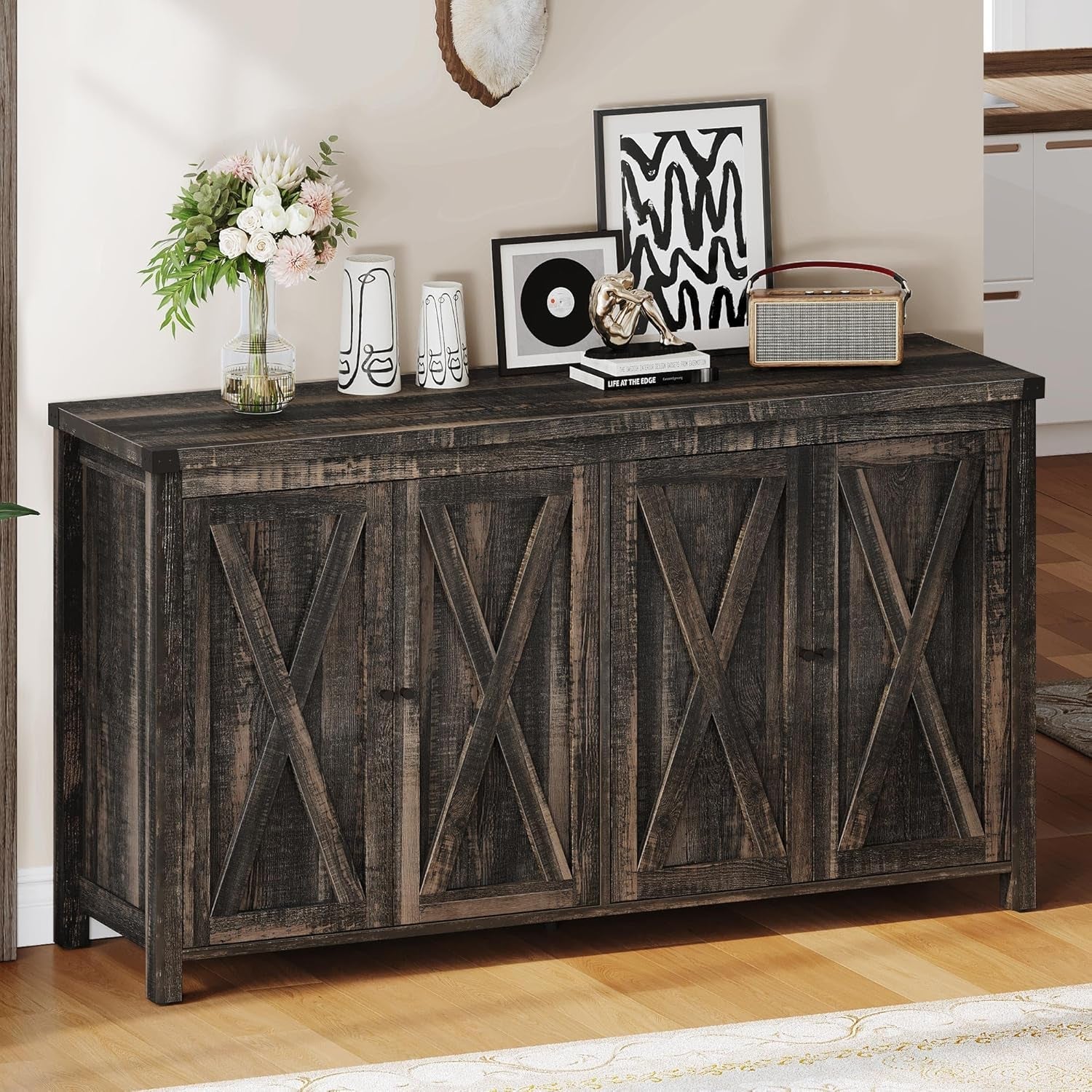 Farmhouse Sideboard Buffet Cabinet 55 Inch Dark Oak