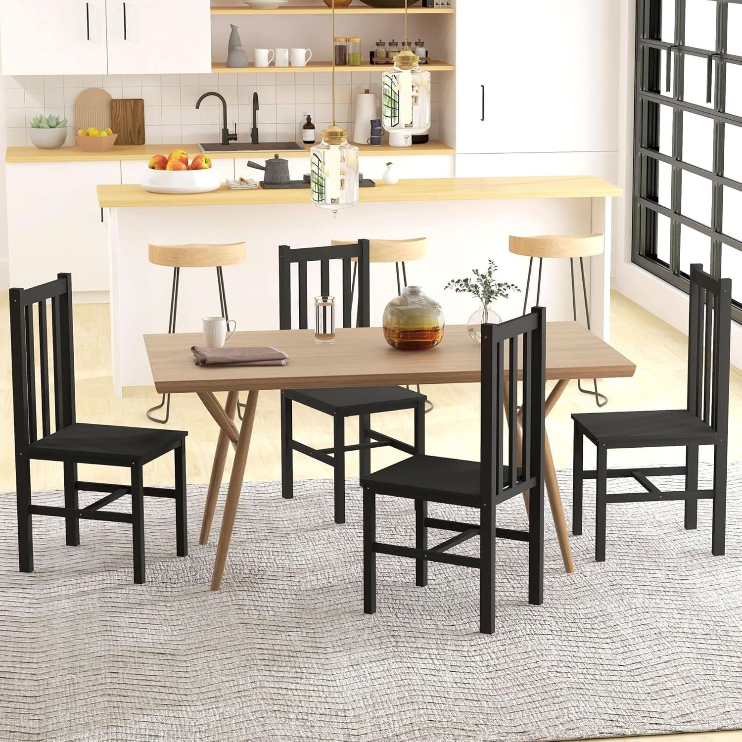 Farmhouse Slat Back Dining Chair Set Pine Wood Black