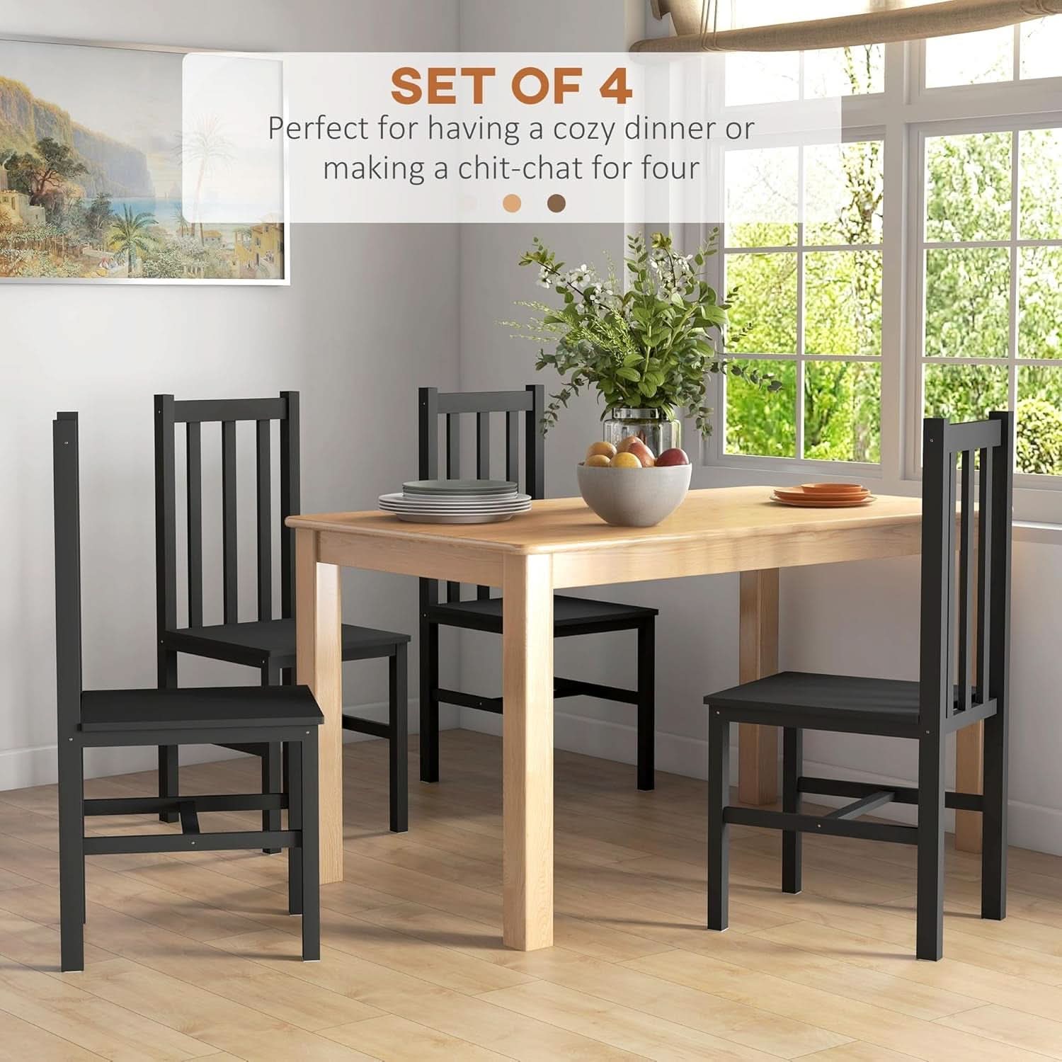 Farmhouse Slat Back Dining Chair Set Pine Wood Black