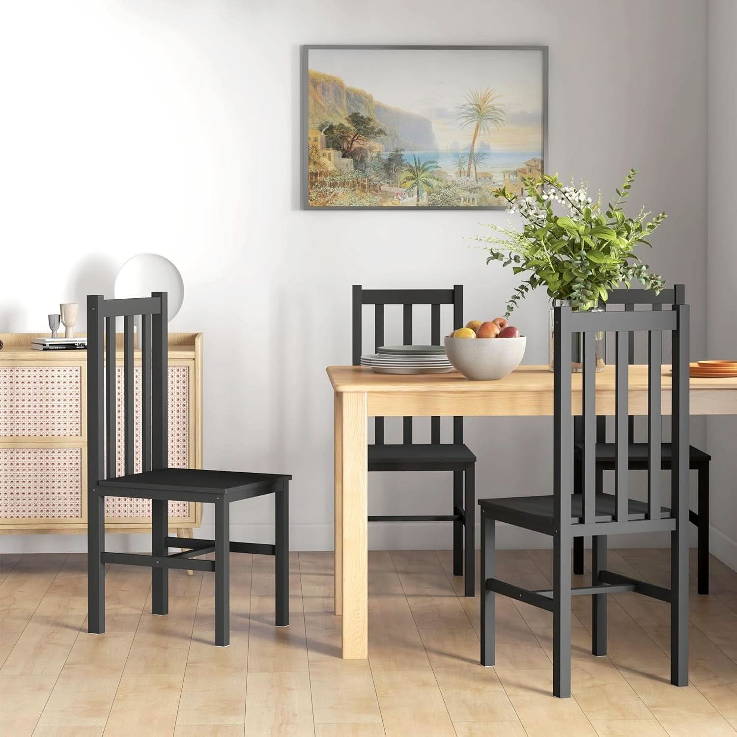 Farmhouse Slat Back Dining Chair Set Pine Wood Black