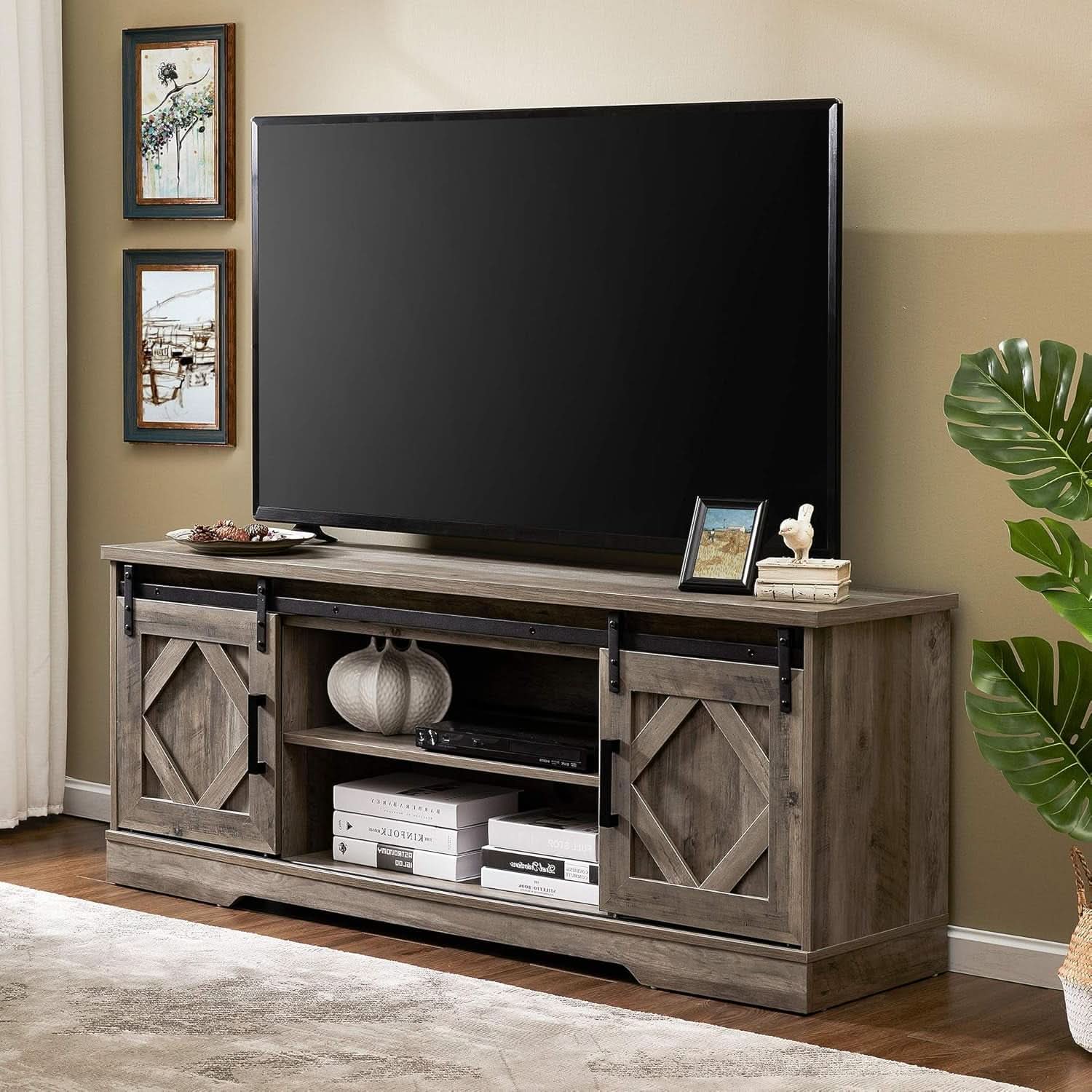 Farmhouse Sliding Barn Door TV Stand 65 Inch TV Wash Grey