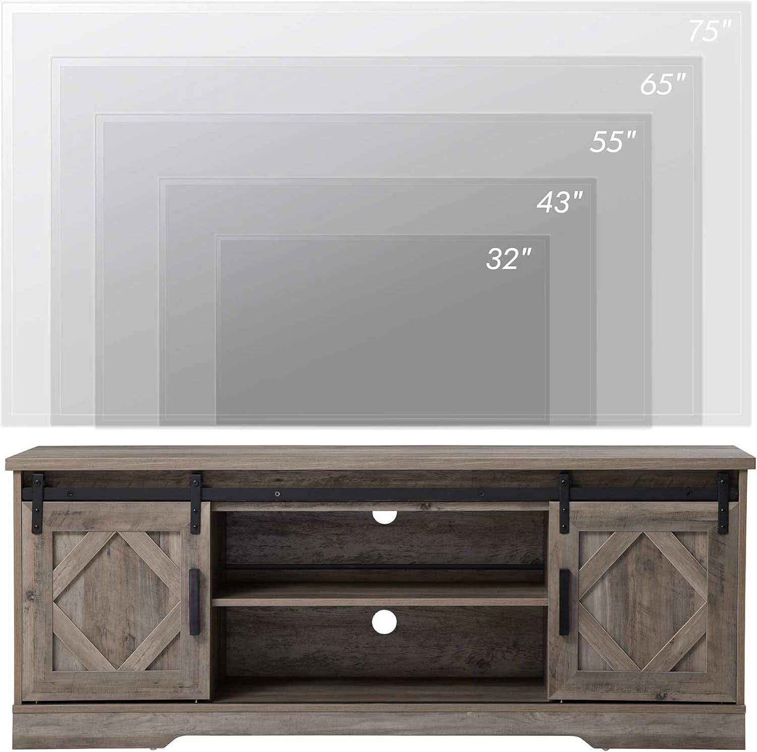 Farmhouse Sliding Barn Door TV Stand 65 Inch TV Wash Grey