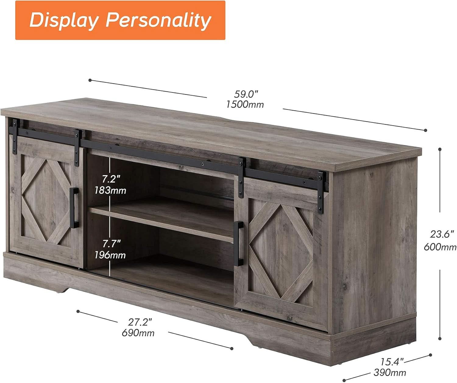 Farmhouse Sliding Barn Door TV Stand 65 Inch TV Wash Grey