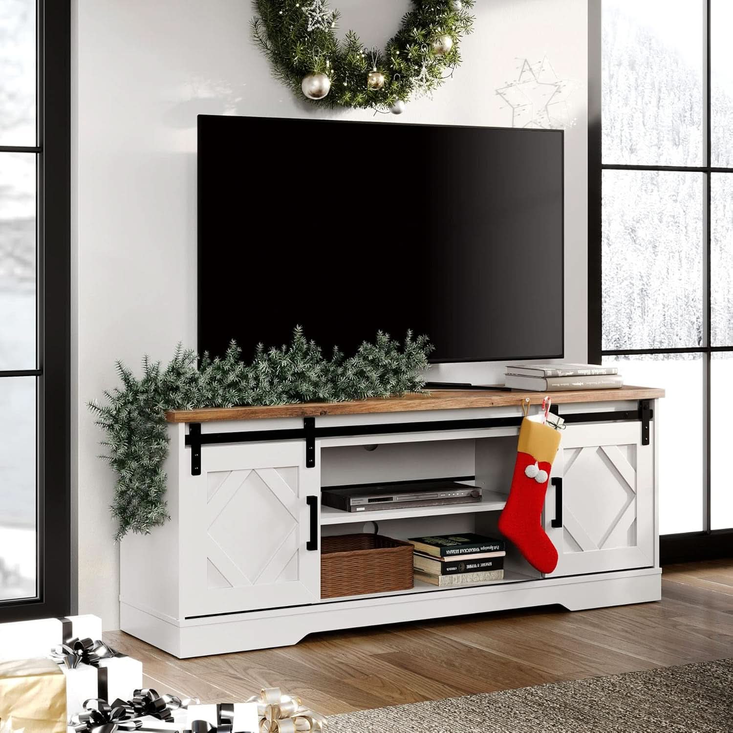 Farmhouse Sliding Barn Door TV Stand 65 Inch TVs White Oak