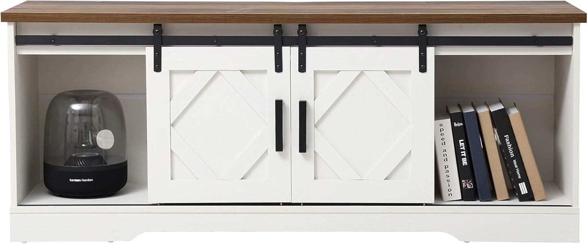 Farmhouse Sliding Barn Door TV Stand 65 Inch TVs White Oak