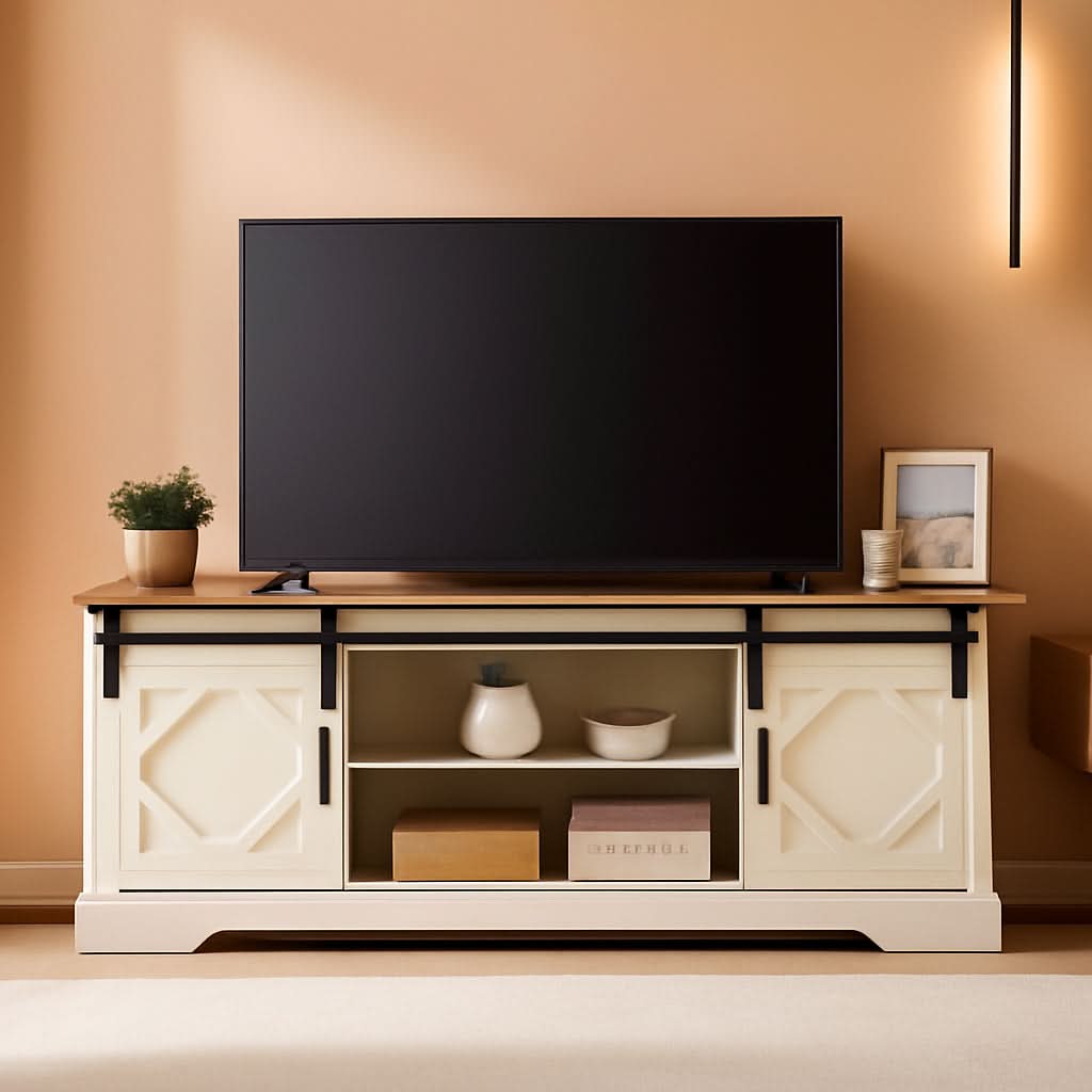 Farmhouse Sliding Barn Door TV Stand 65 Inch TVs White Oak