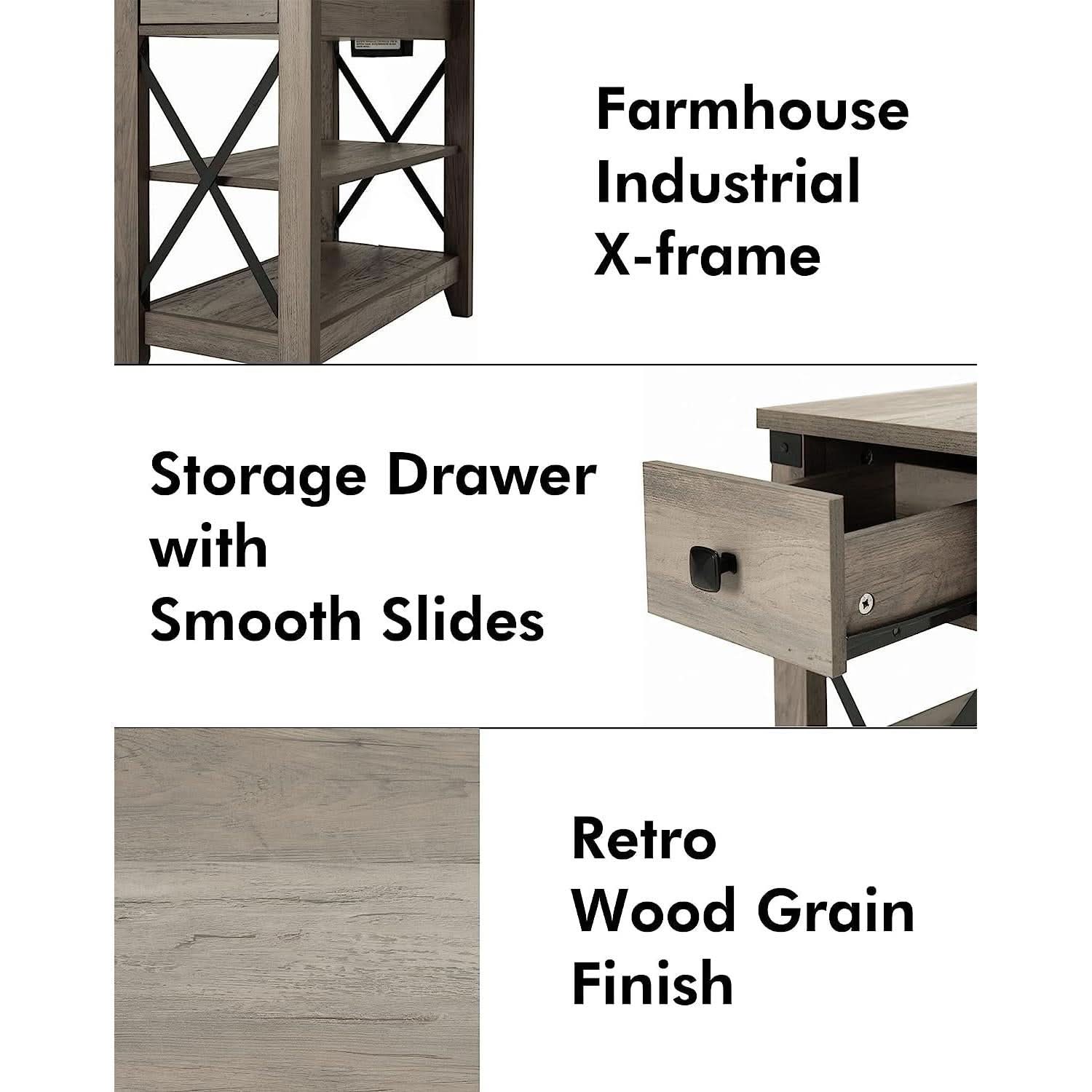 Farmhouse Slim End Table With USB Charging Station