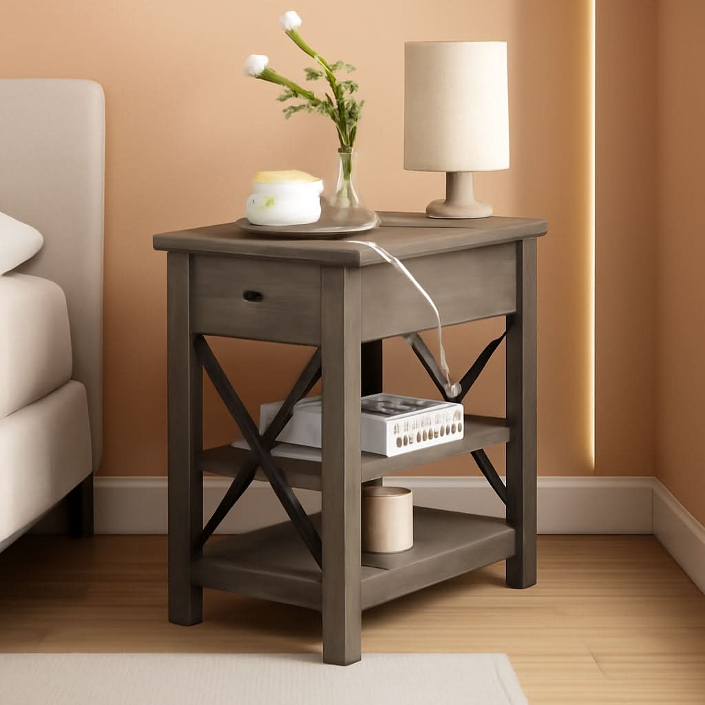 Farmhouse Slim End Table With USB Charging Station